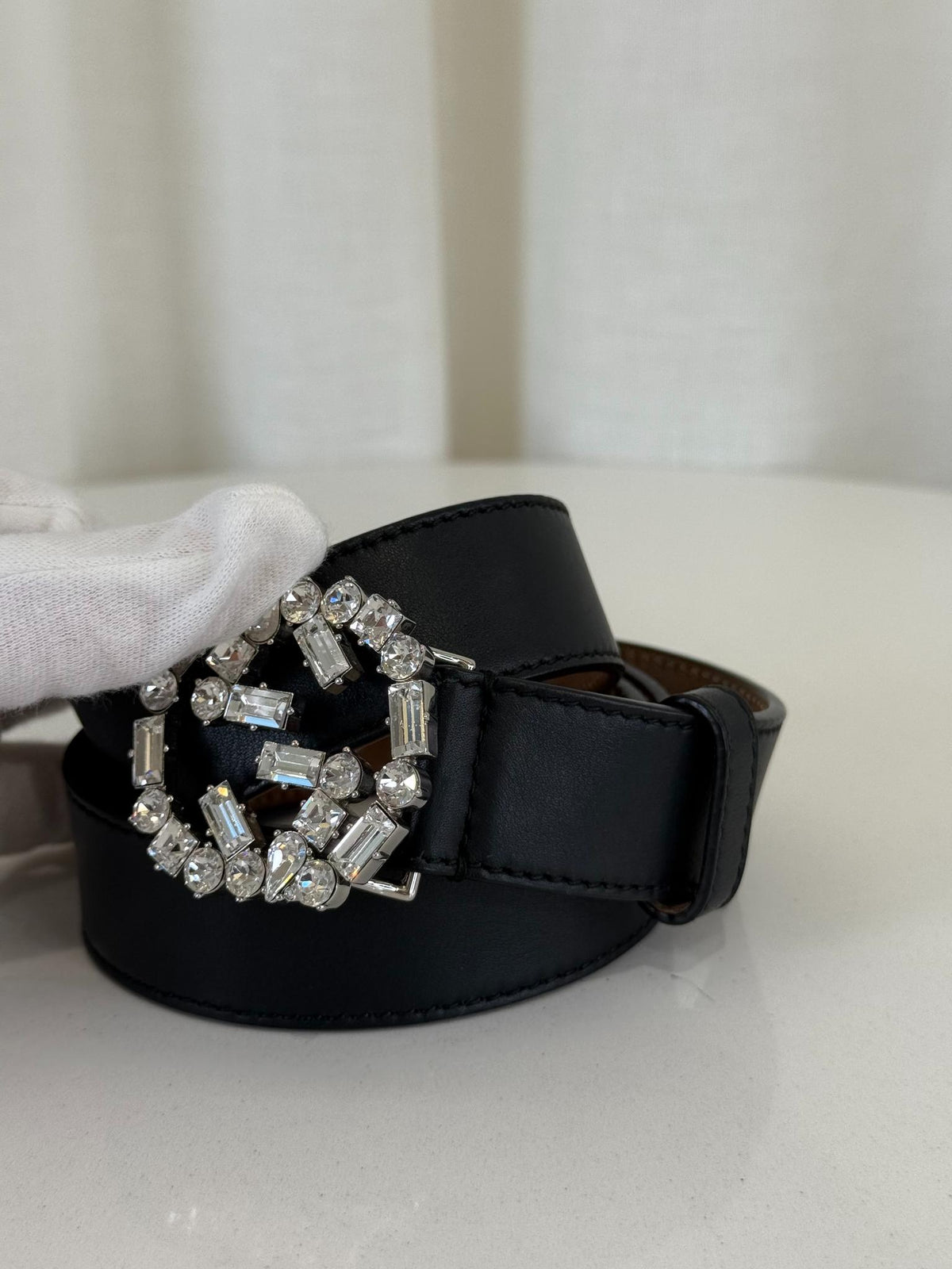 Gucci Black Leather Crystal Embellished Interlocking G Buckle Belt