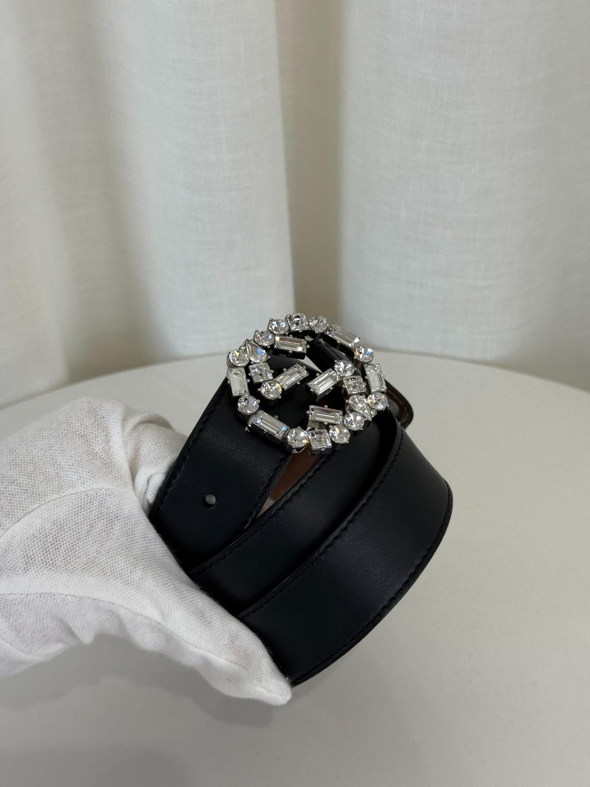 Gucci Black Leather Crystal Embellished Interlocking G Buckle Belt