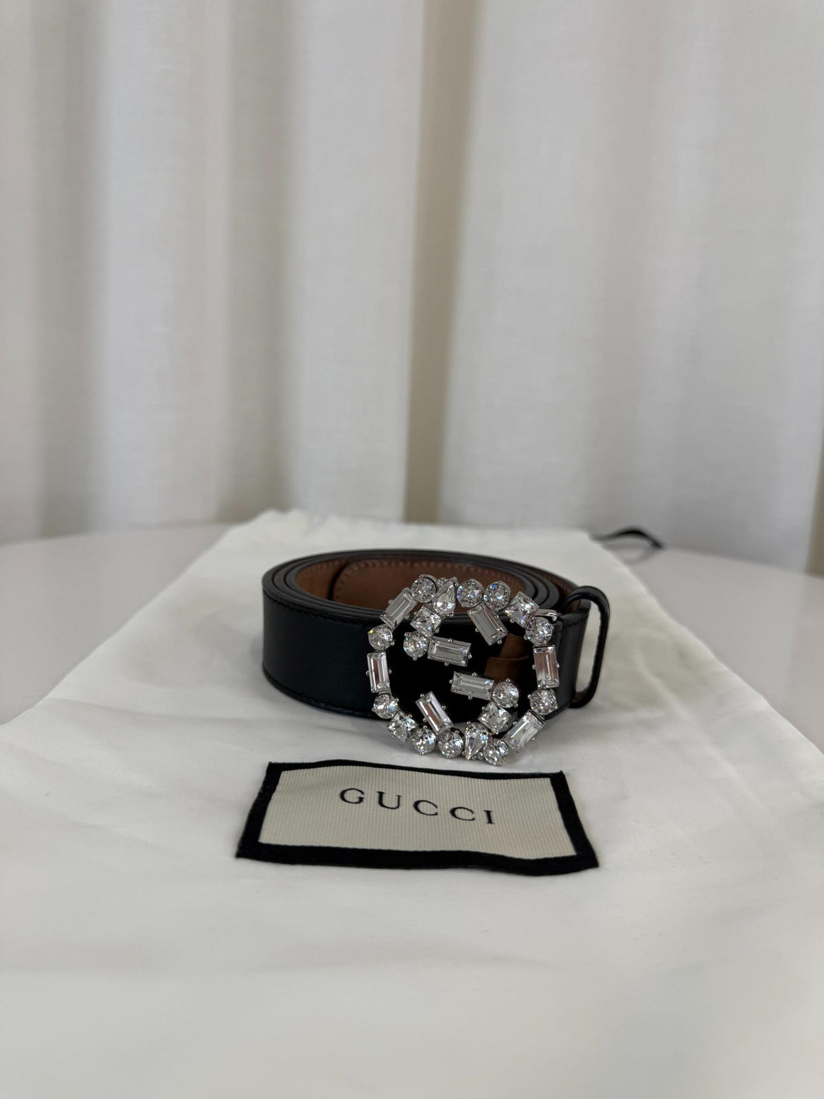 Gucci Black Leather Crystal Embellished Interlocking G Buckle Belt