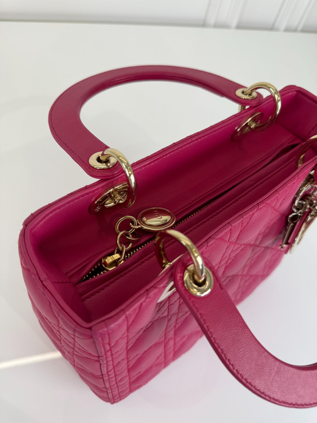 Christian Dior Medium Lady Dior Fuchsia Lambskin Cannage Leather