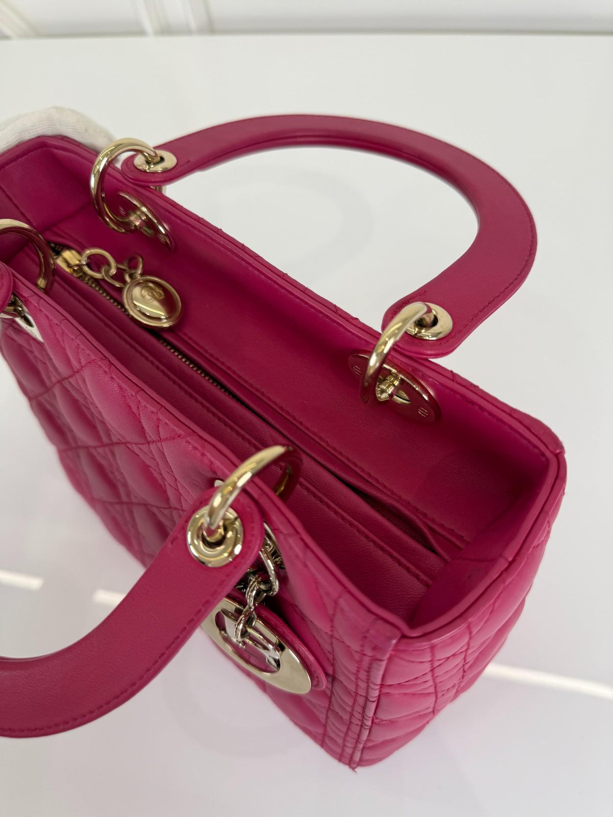 Christian Dior Medium Lady Dior Fuchsia Lambskin Cannage Leather