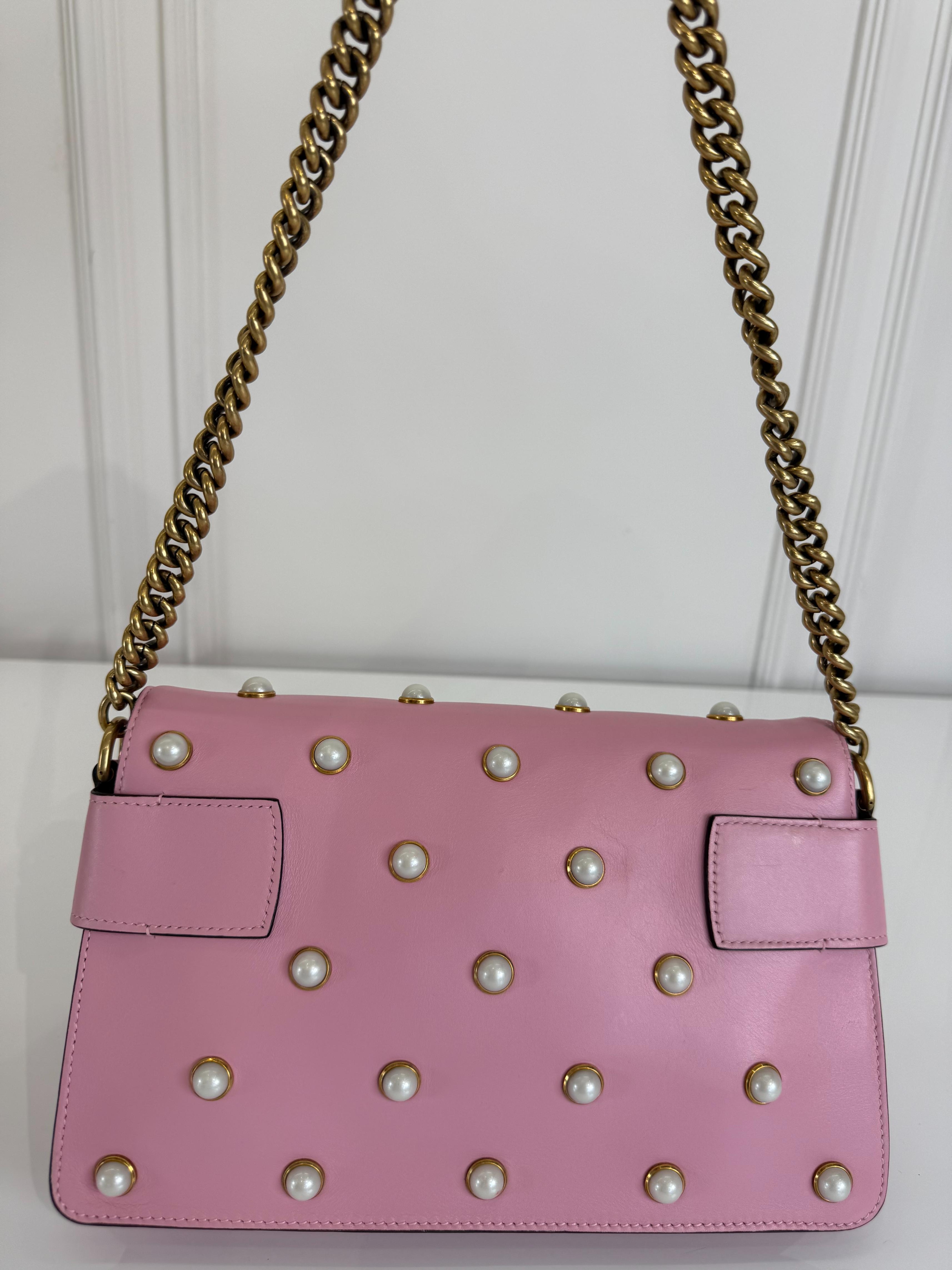 Gucci Pink Leather Pearl Studded Queen Margaret Broadway Shoulder Bag