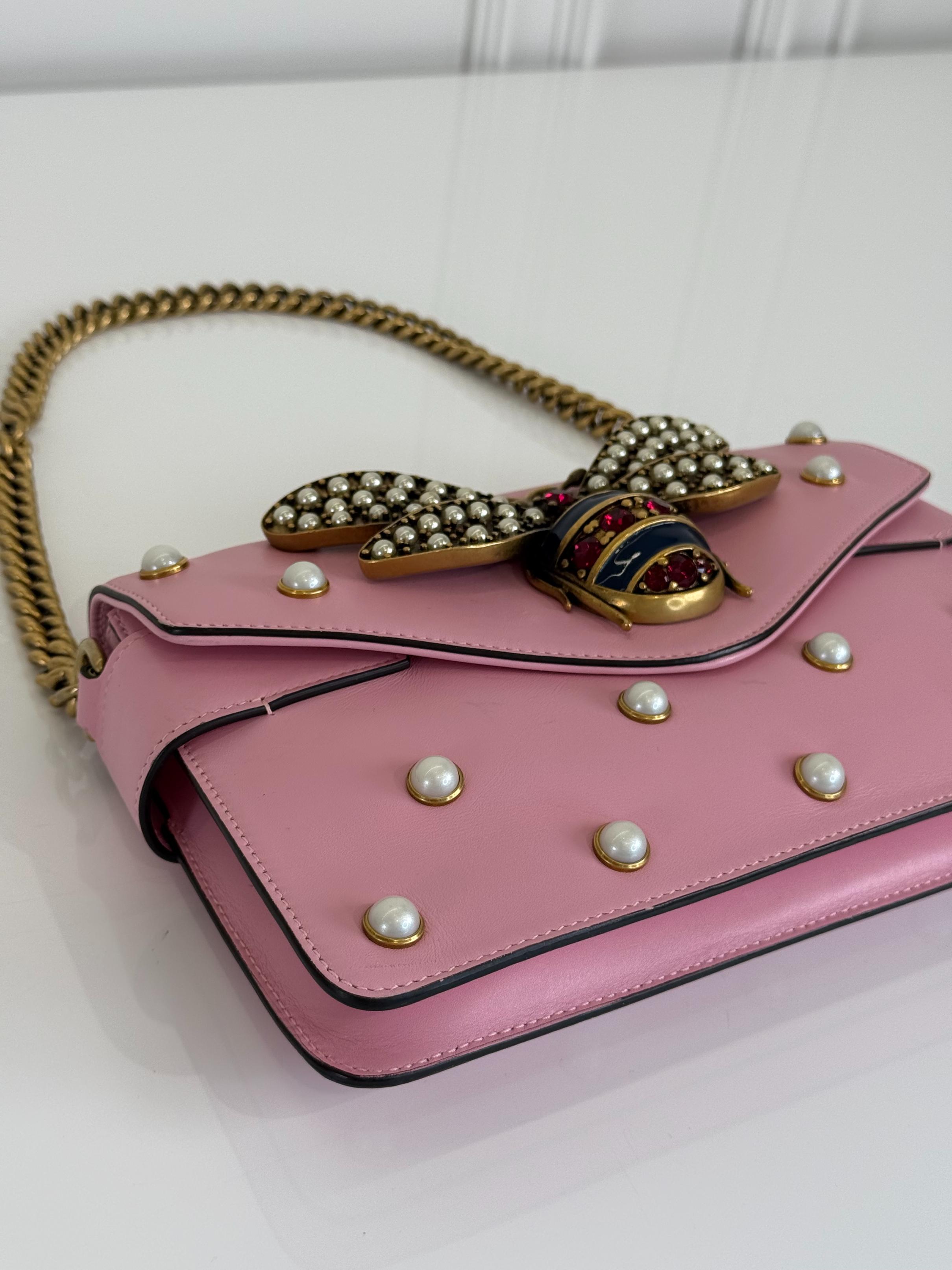 Gucci Pink Leather Pearl Studded Queen Margaret Broadway Shoulder Bag