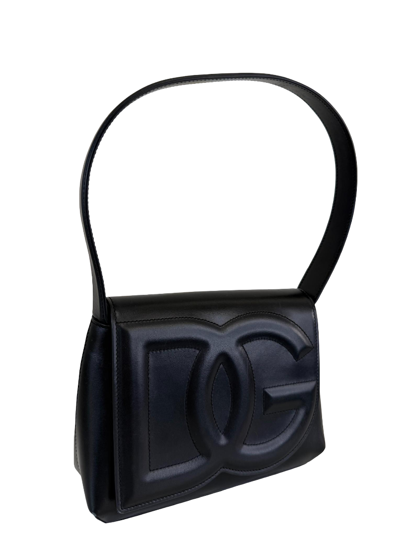 Dolce Gabbana DG Logo Embossed Black Leather Shoulder Bag