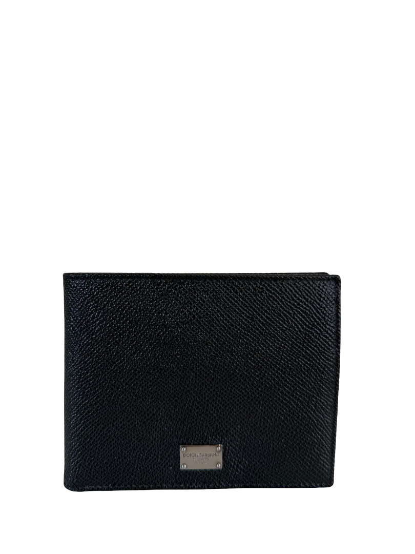 Dolce Gabbana Black Leather Logo Plaque Bifold Wallet