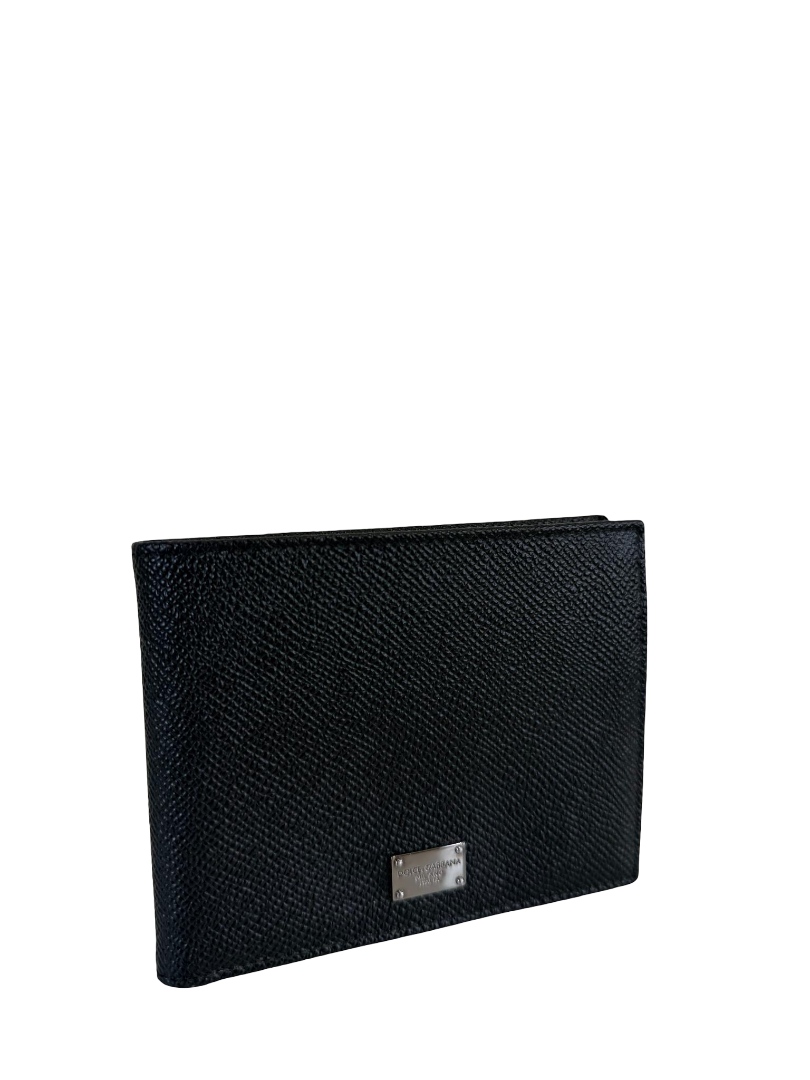 Dolce Gabbana Black Leather Logo Plaque Bifold Wallet
