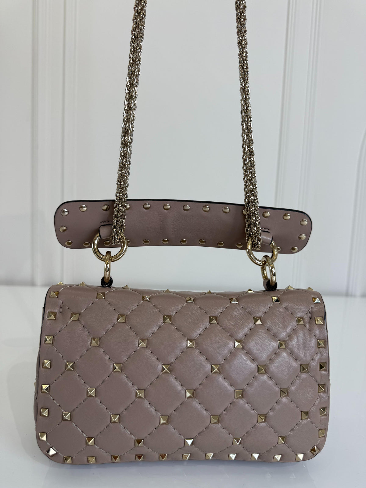 Valentino Garavani Small Rockstud Spike Bag Beige Quilted Nappa Leather
