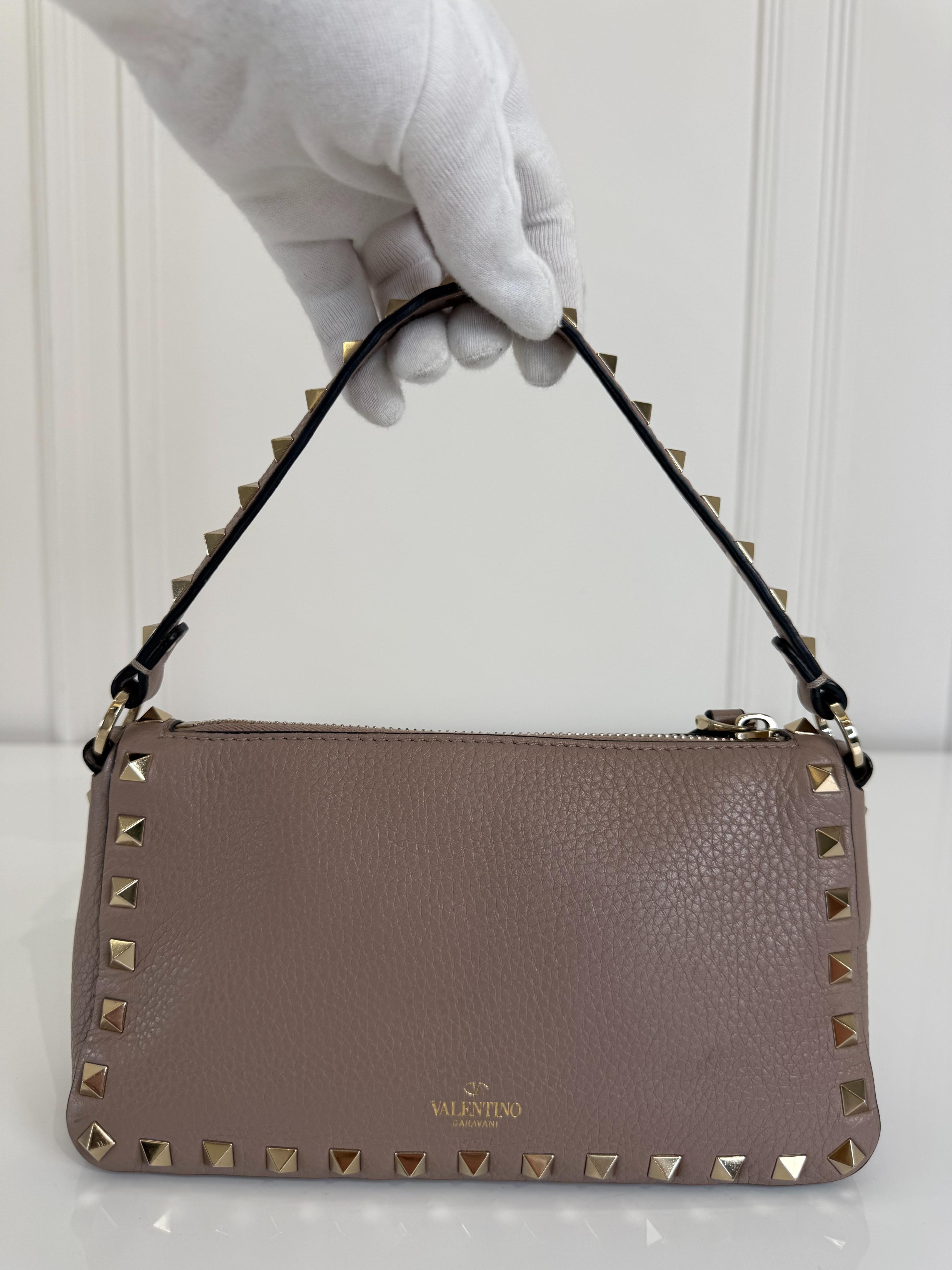 Valentino Garavani Rockstud Beige Grained Leather Small Shoulder Bag
