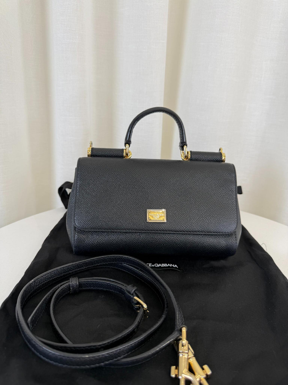 Dolce Gabbana Black Dauphine Leather Old Mini Miss Sicily Top Handle Bag