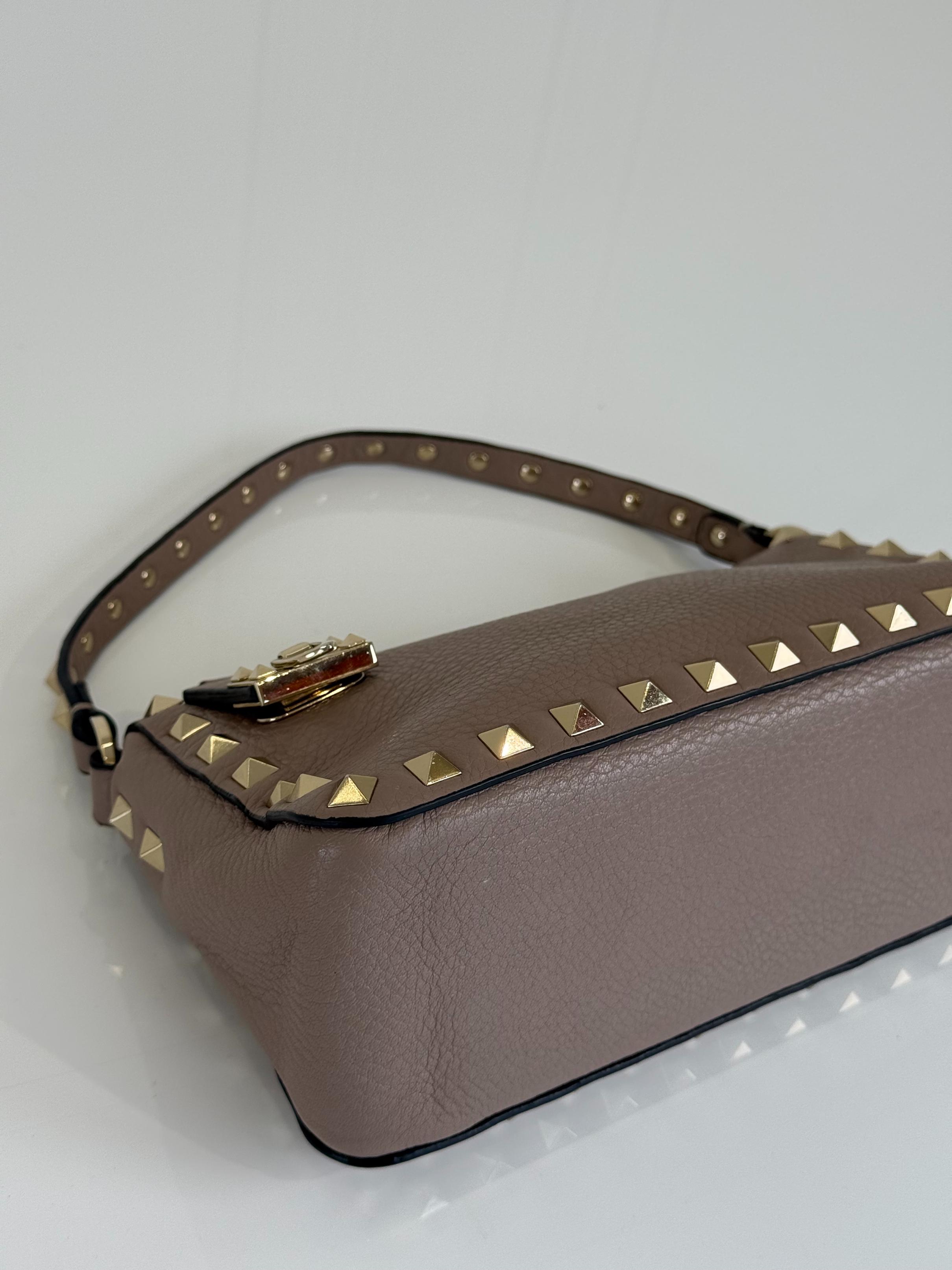Valentino Garavani Rockstud Beige Grained Leather Small Shoulder Bag