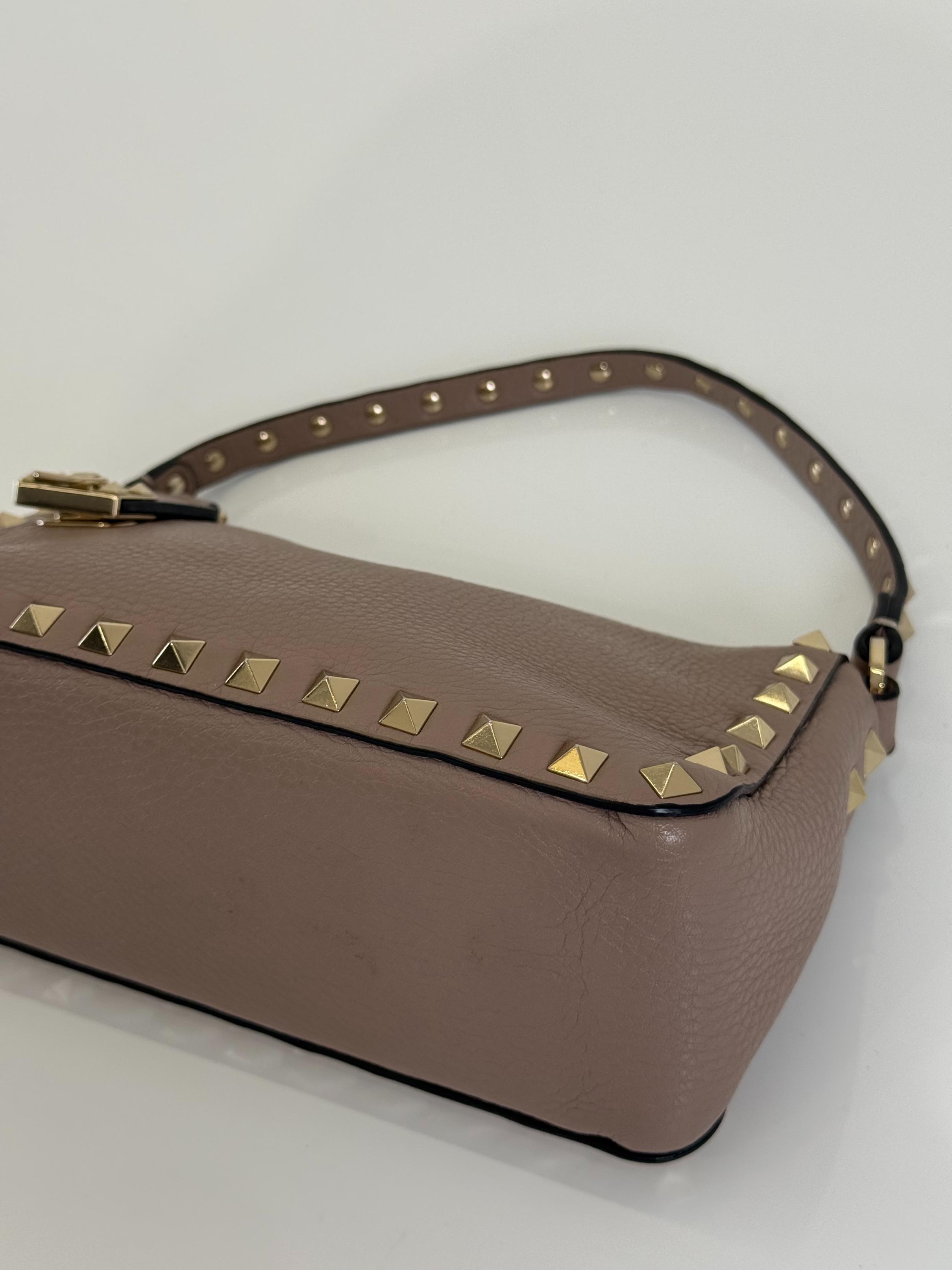 Valentino Garavani Rockstud Beige Grained Leather Small Shoulder Bag