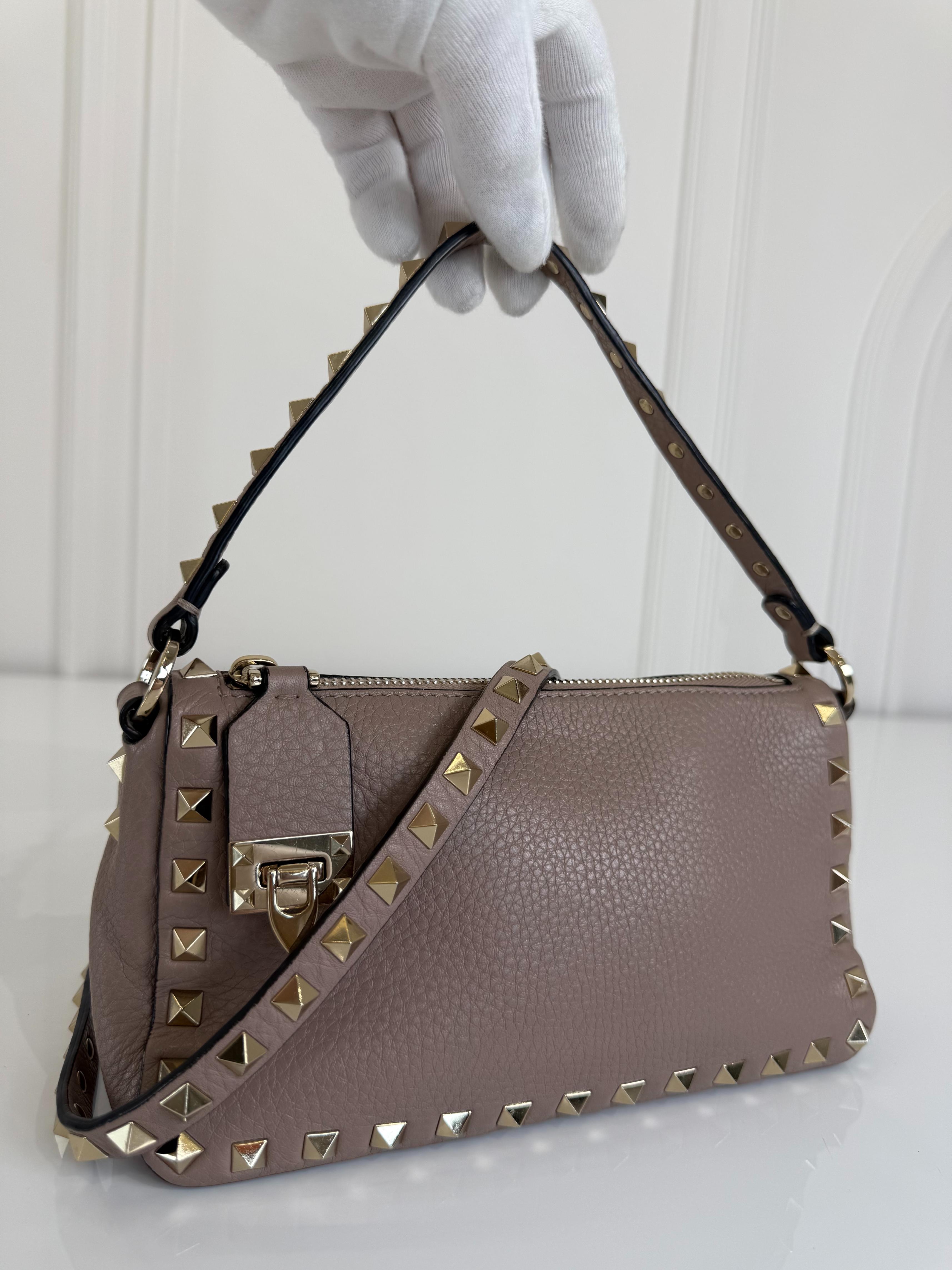 Valentino Garavani Rockstud Beige Grained Leather Small Shoulder Bag