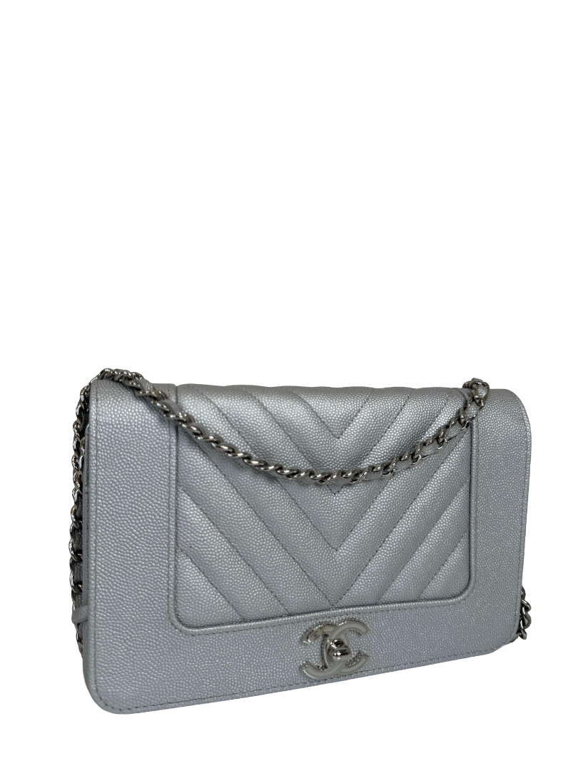 Chanel Metallic Silver Mademoiselle Chevron Wallet on Chain