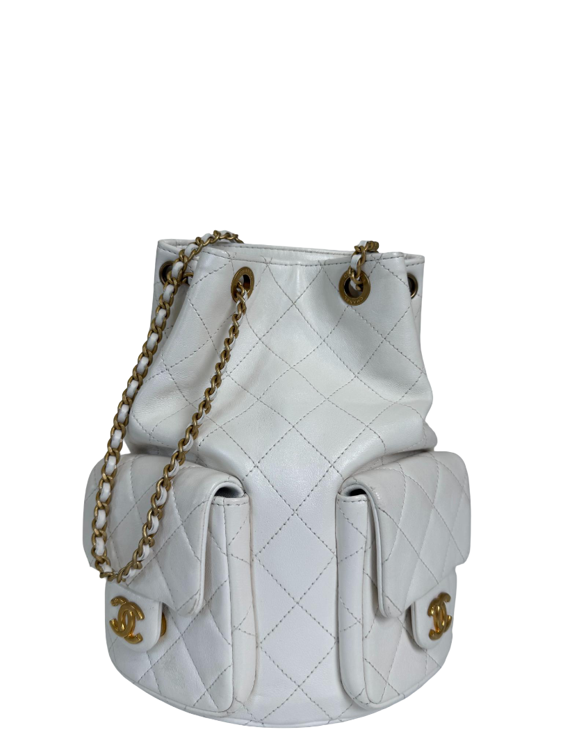 Chanel White Lambskin Matelasse Chain Drawstring Backpack