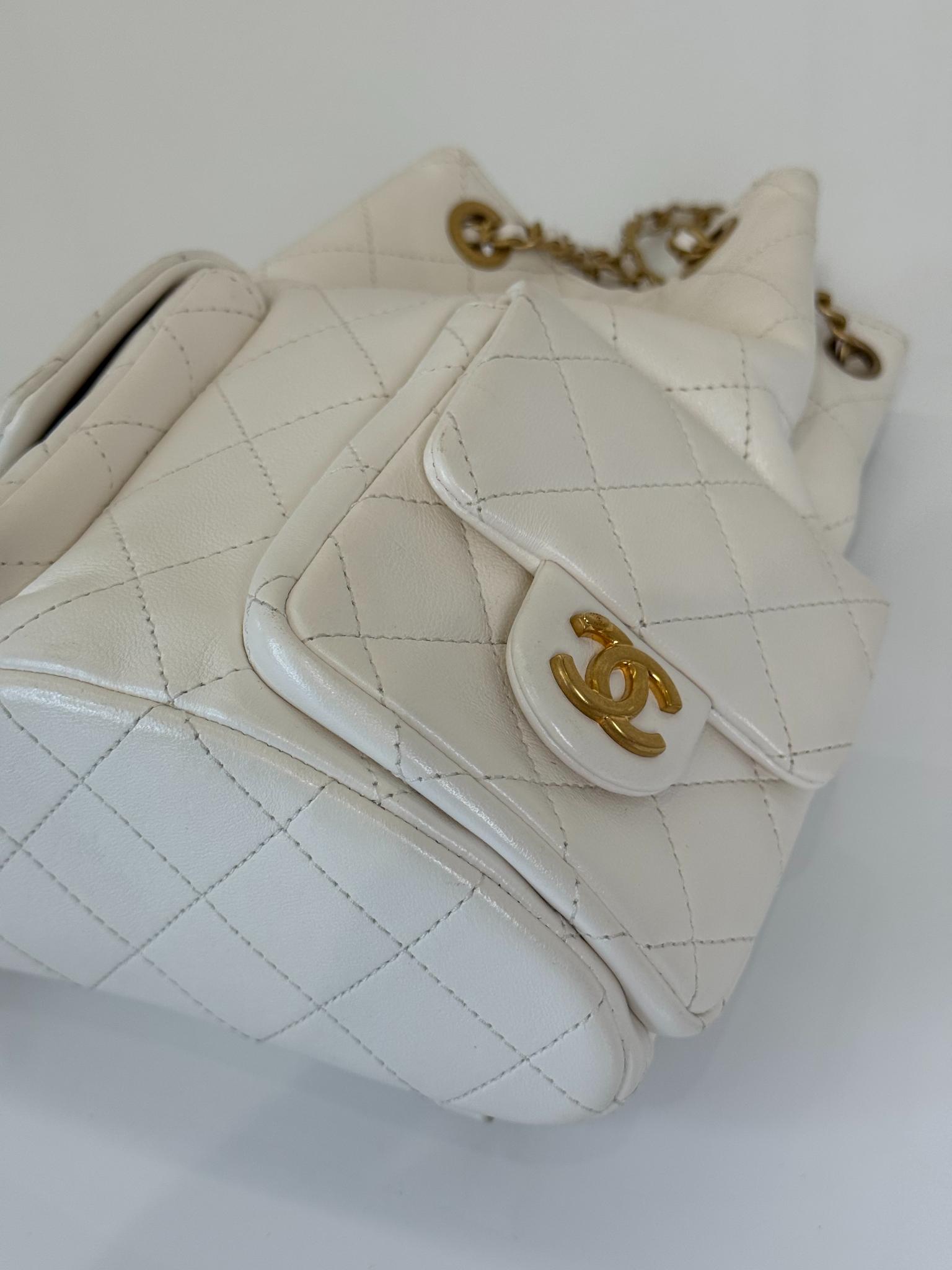 Chanel White Lambskin Matelasse Chain Drawstring Backpack