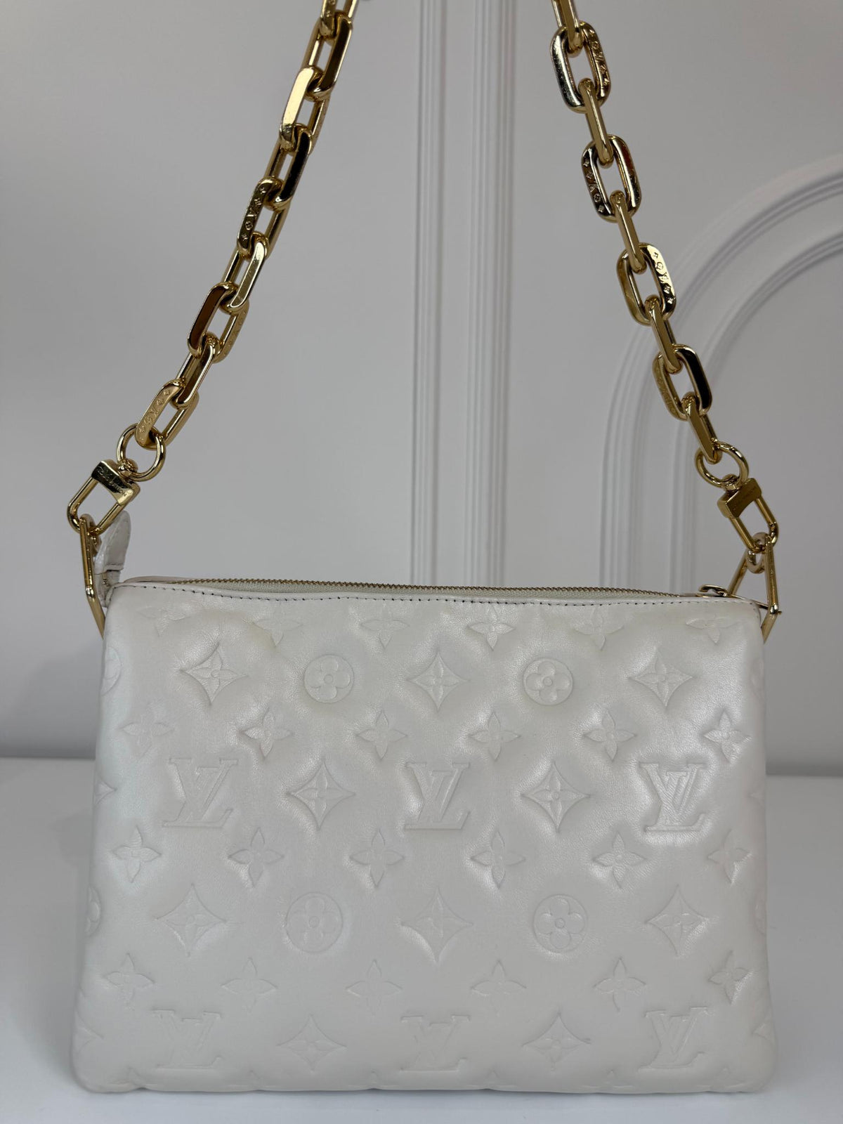 Louis Vuitton Coussin PM White Monogram Embossed Puffy Lambskin