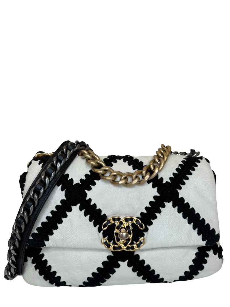 Chanel 19 White/Black Medium Crochet Flap Bag