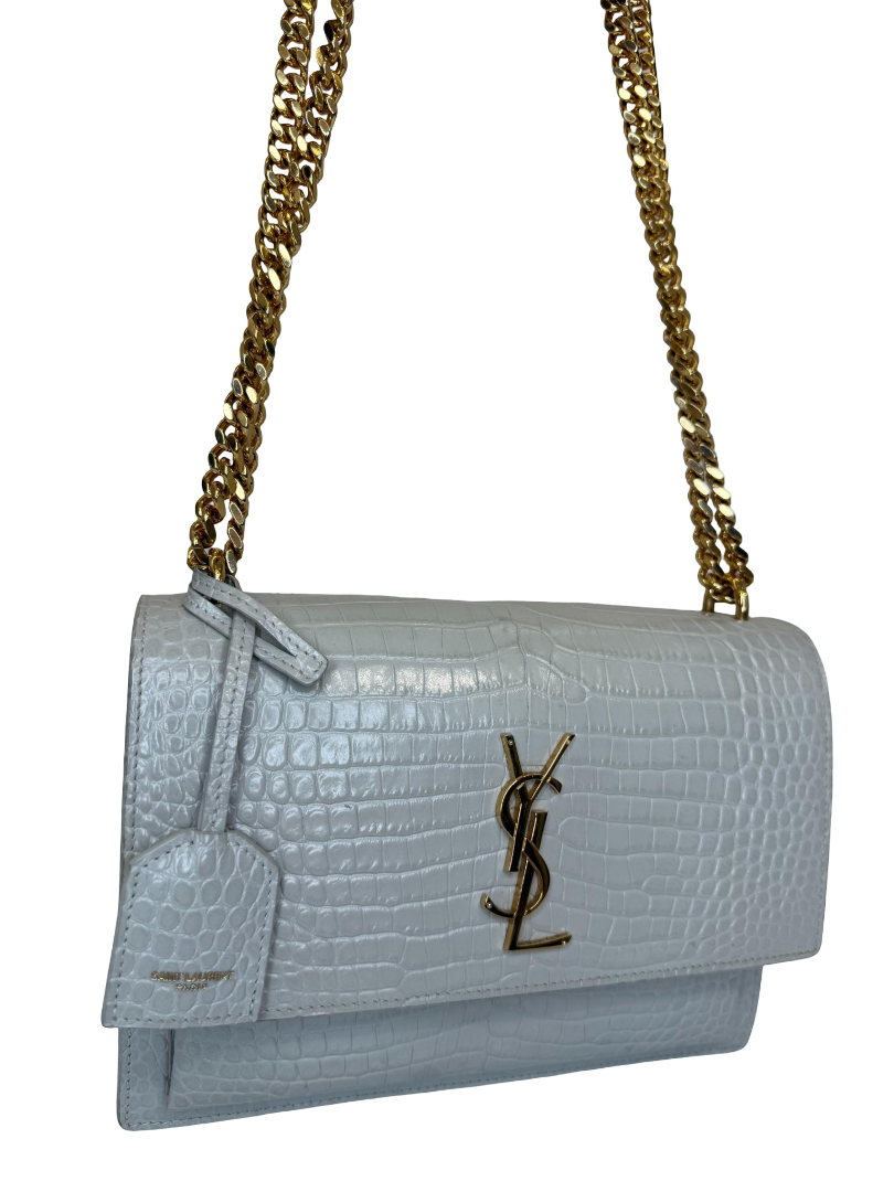 Saint Laurent Sunset Medium Ivory Crocodile Embossed Leather