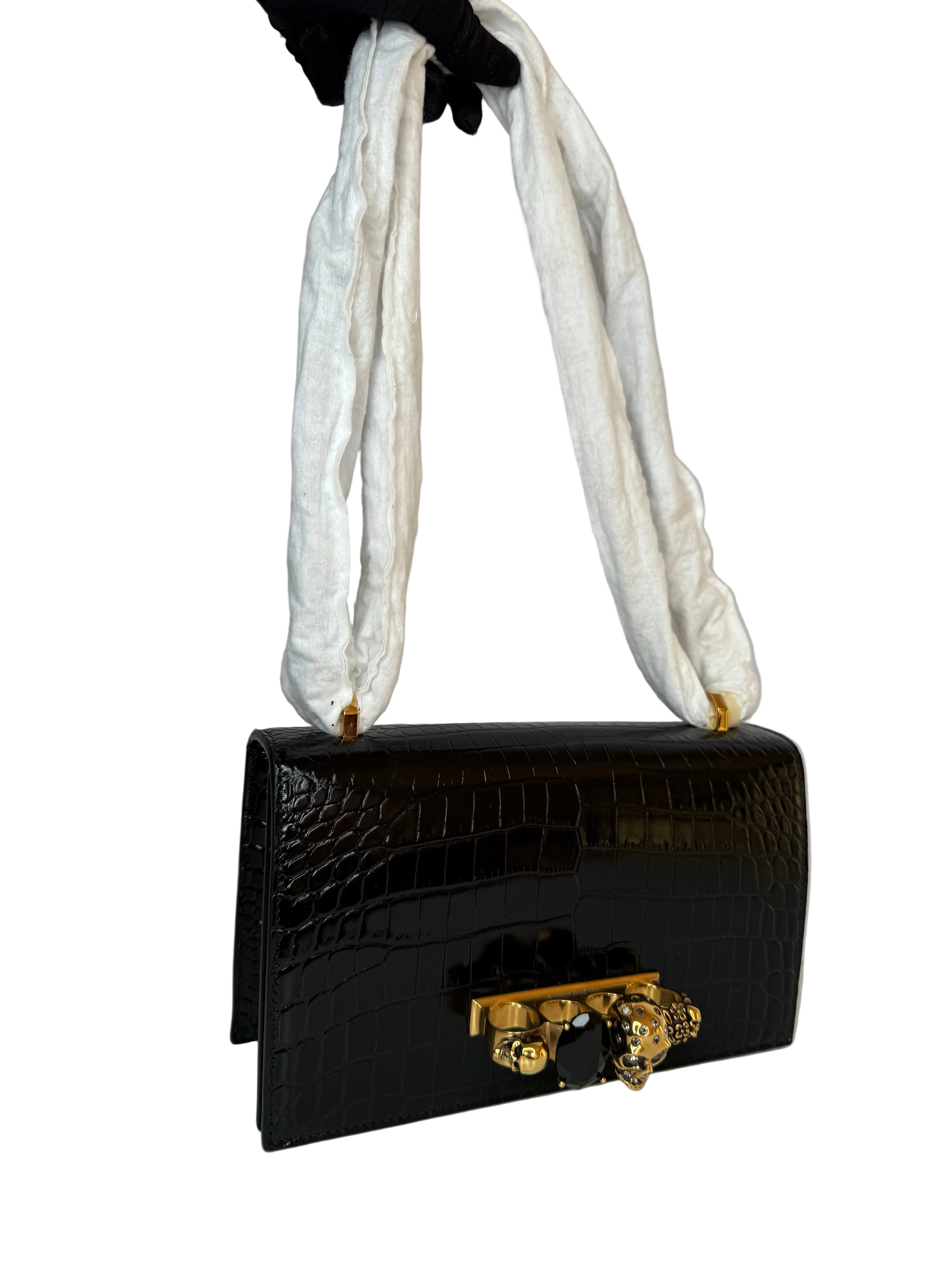 Alexander McQueen Shiny Crocodile Embossed Jeweled Satchel Black