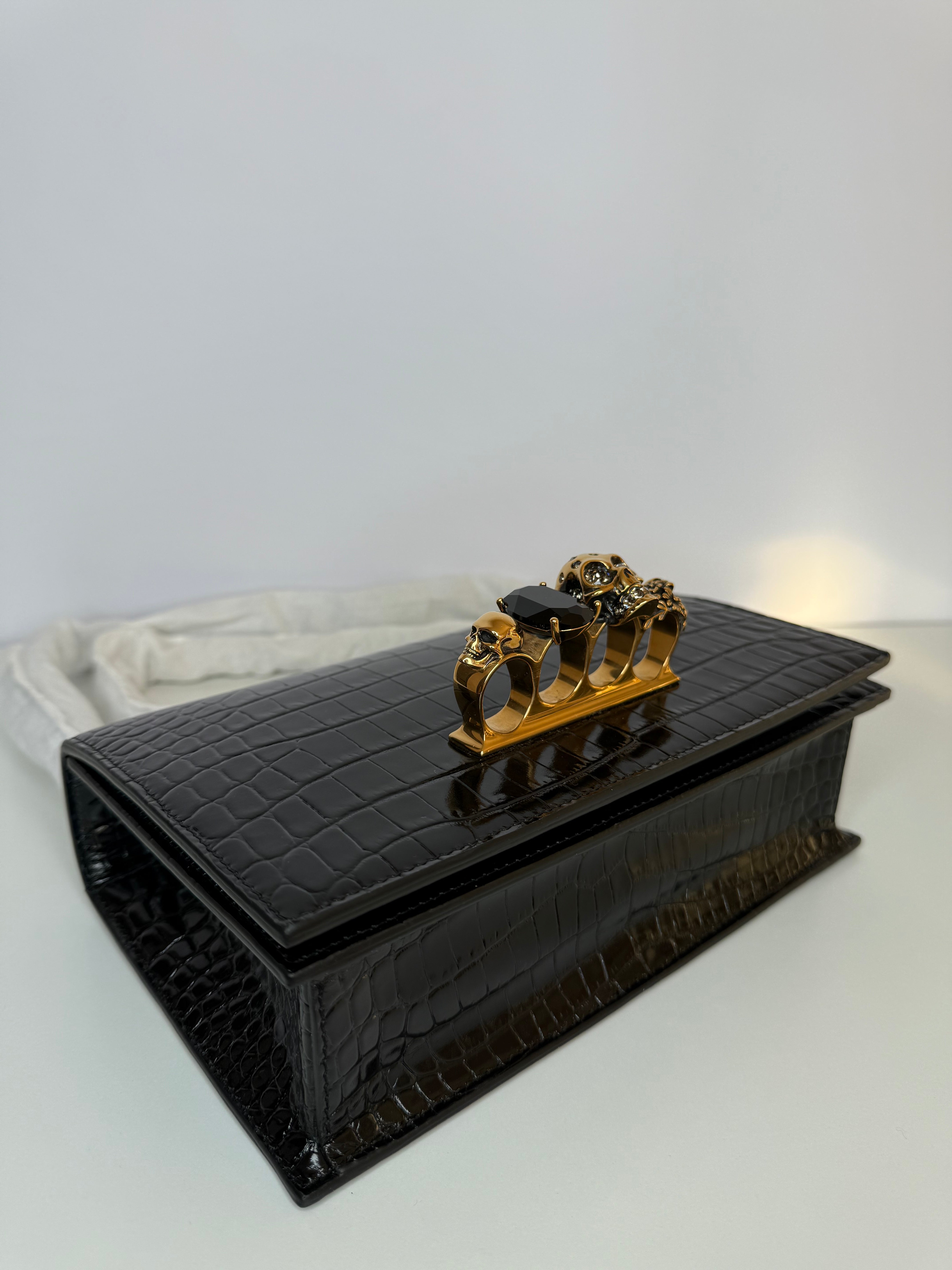 Alexander McQueen Shiny Crocodile Embossed Jeweled Satchel Black