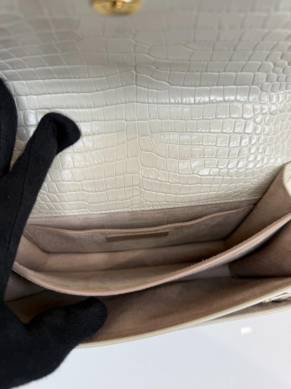 Saint Laurent Sunset Medium Ivory Crocodile Embossed Leather