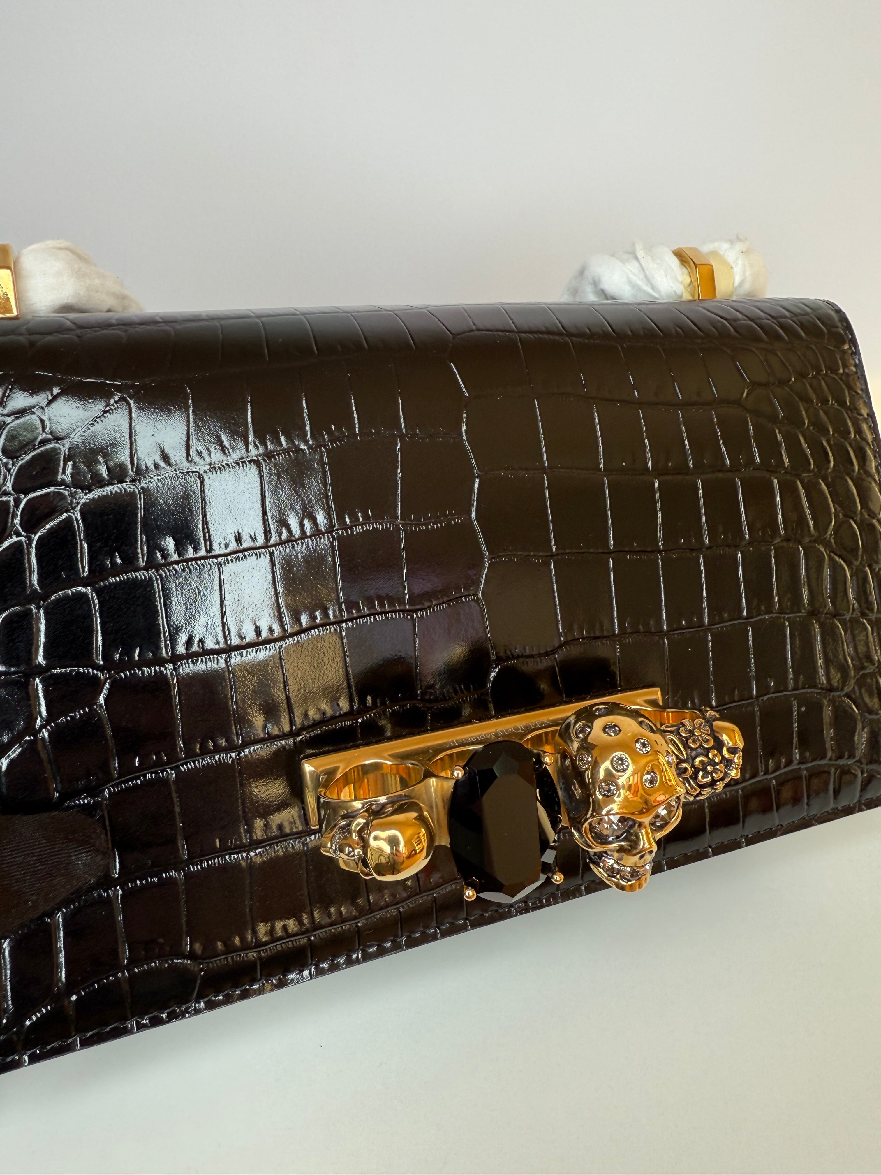 Alexander McQueen Shiny Crocodile Embossed Jeweled Satchel Black