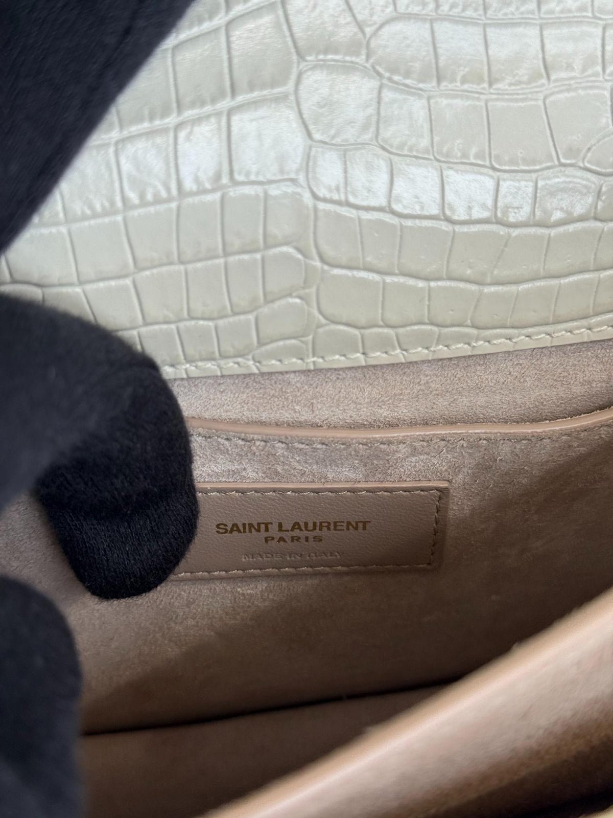 Saint Laurent Sunset Medium Ivory Crocodile Embossed Leather