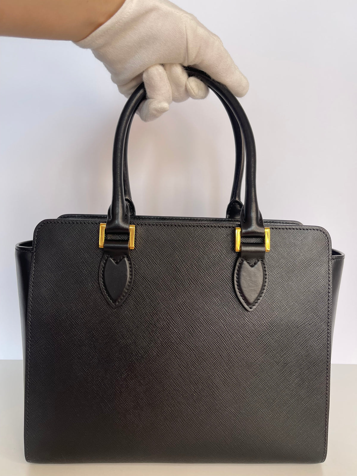 Prada Convertible Small Open Tote Black Saffiano with Soft Calf