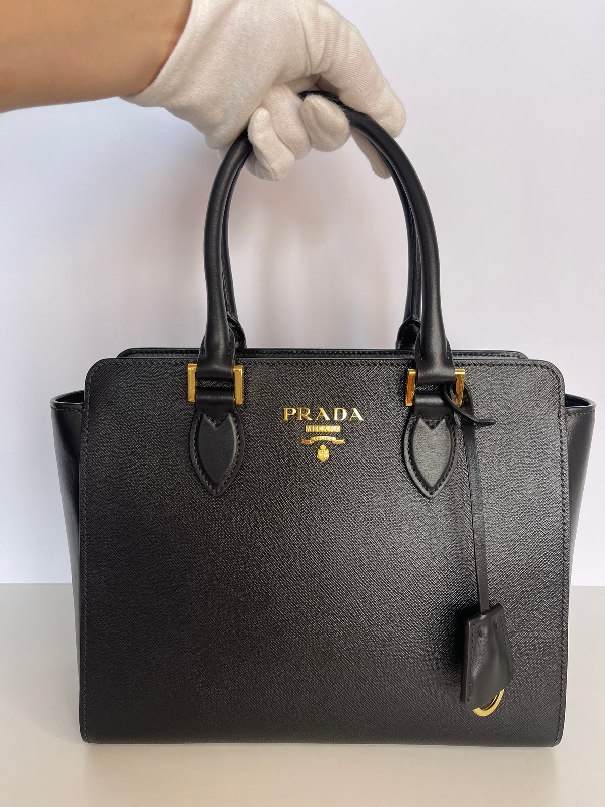 Prada Convertible Small Open Tote Black Saffiano with Soft Calf