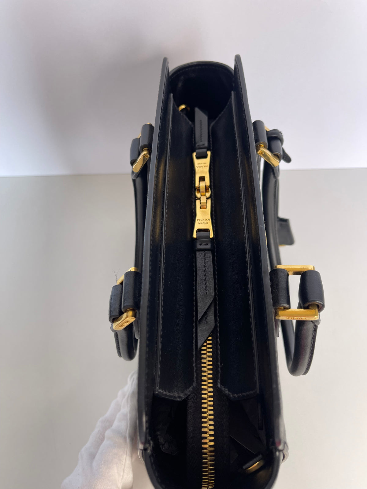 Prada Convertible Small Open Tote Black Saffiano with Soft Calf