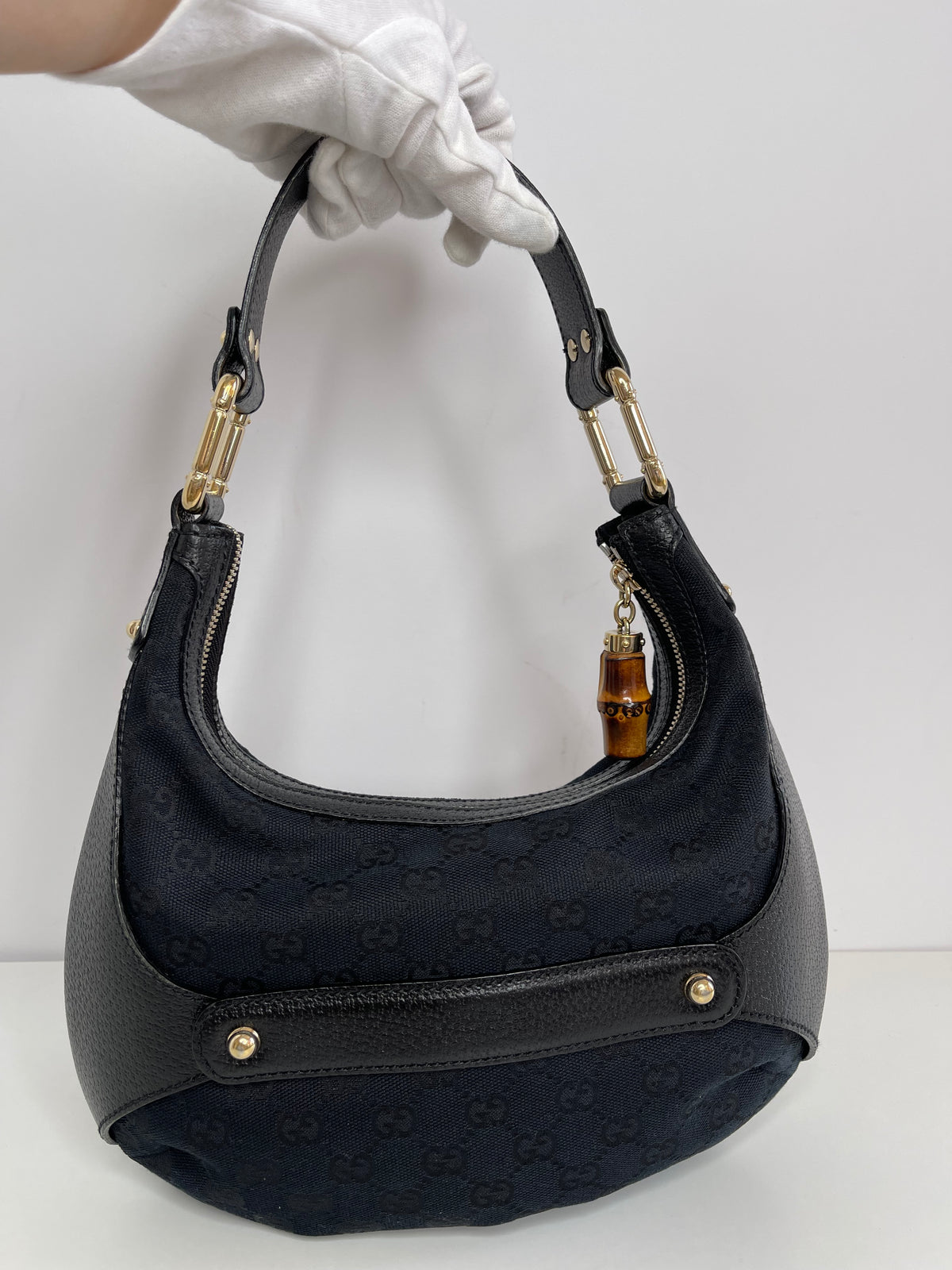 Gucci Monogram Bamboo Horsebit Amalfi Hobo Black