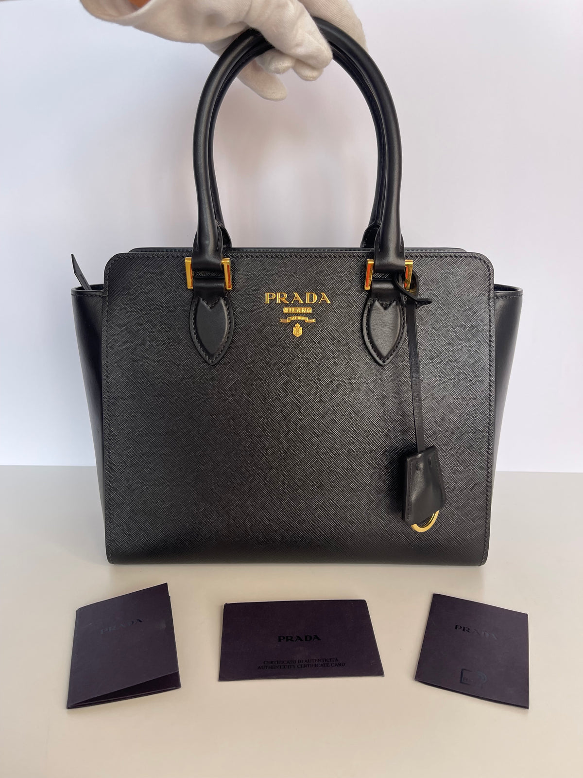 Prada Convertible Small Open Tote Black Saffiano with Soft Calf