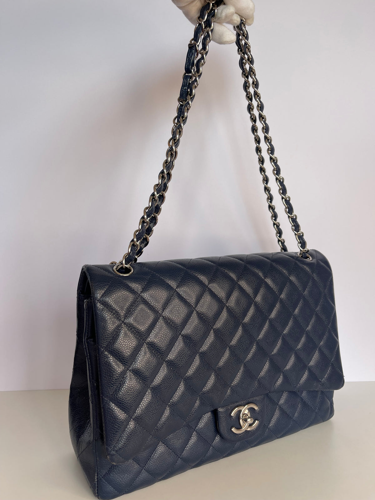 Chanel Navy Blue Quilted Caviar Leather Maxi Classic Double Flap Bag