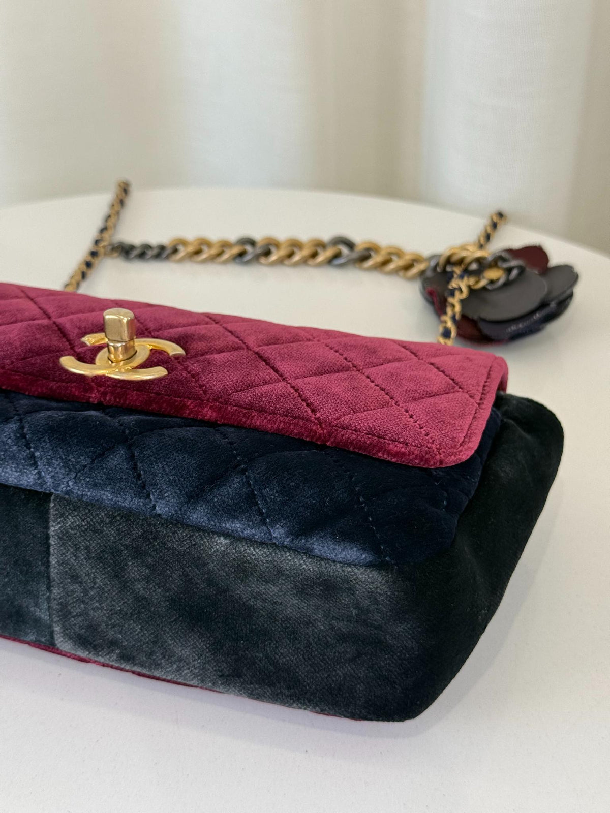 Chanel Paris Cosmopolite Small Tricolor Quilted Velvet Private Affair Camellia Flap