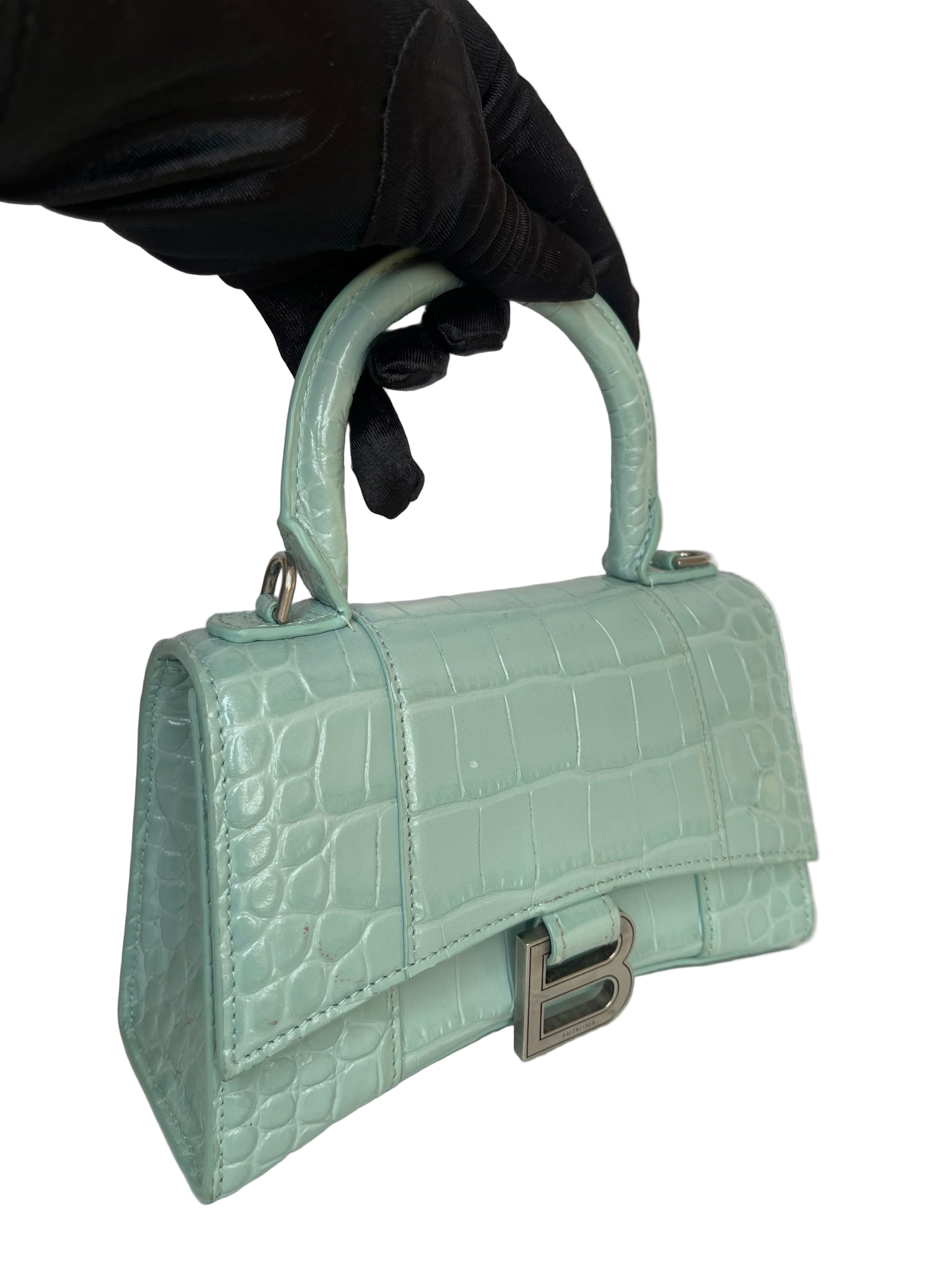 Balenciaga Green Aqua Croc Embossed Leather XS Hourglass Top Handle Bag