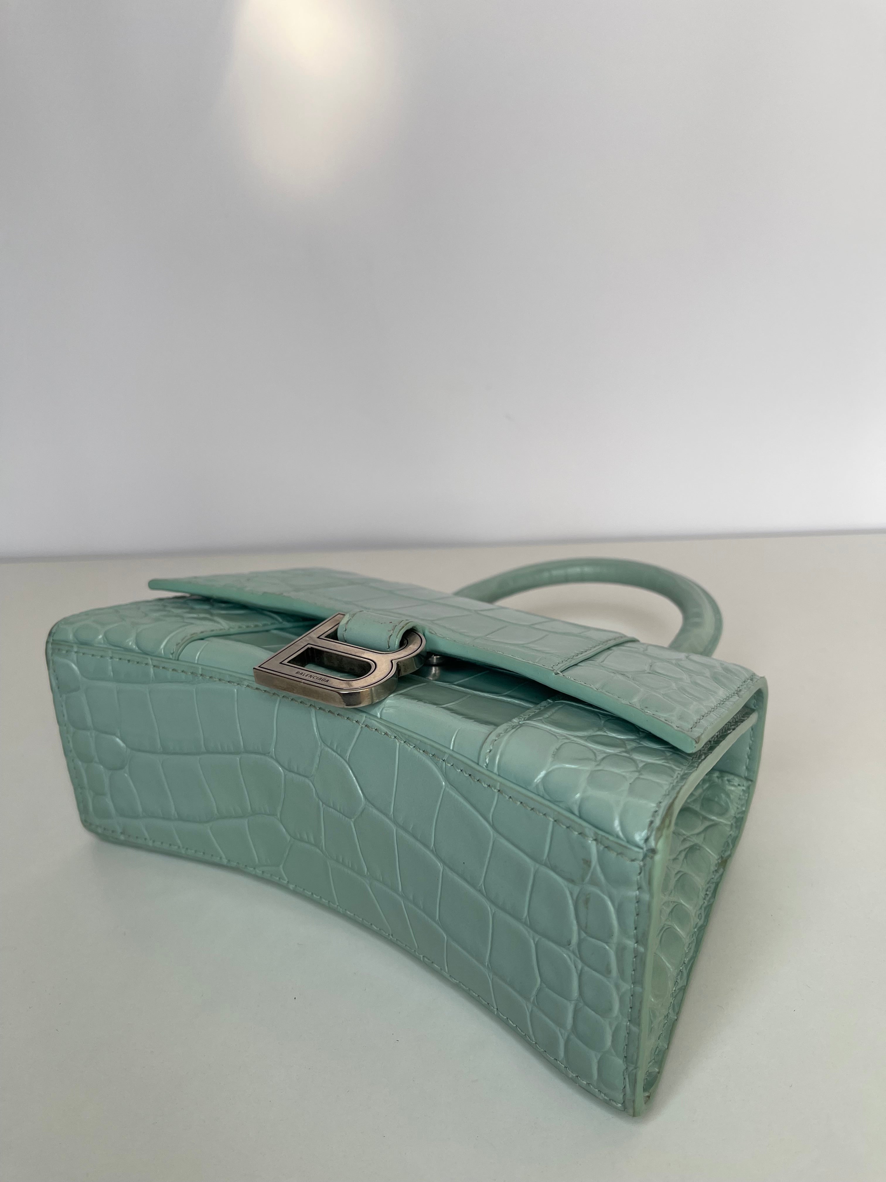 Balenciaga Green Aqua Croc Embossed Leather XS Hourglass Top Handle Bag