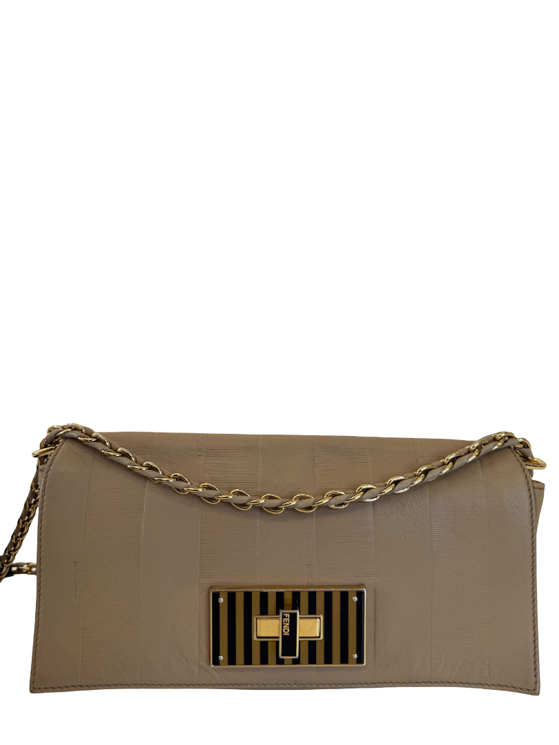 Fendi Beige Pequin Embossed Leather Small Claudia Shoulder Bag