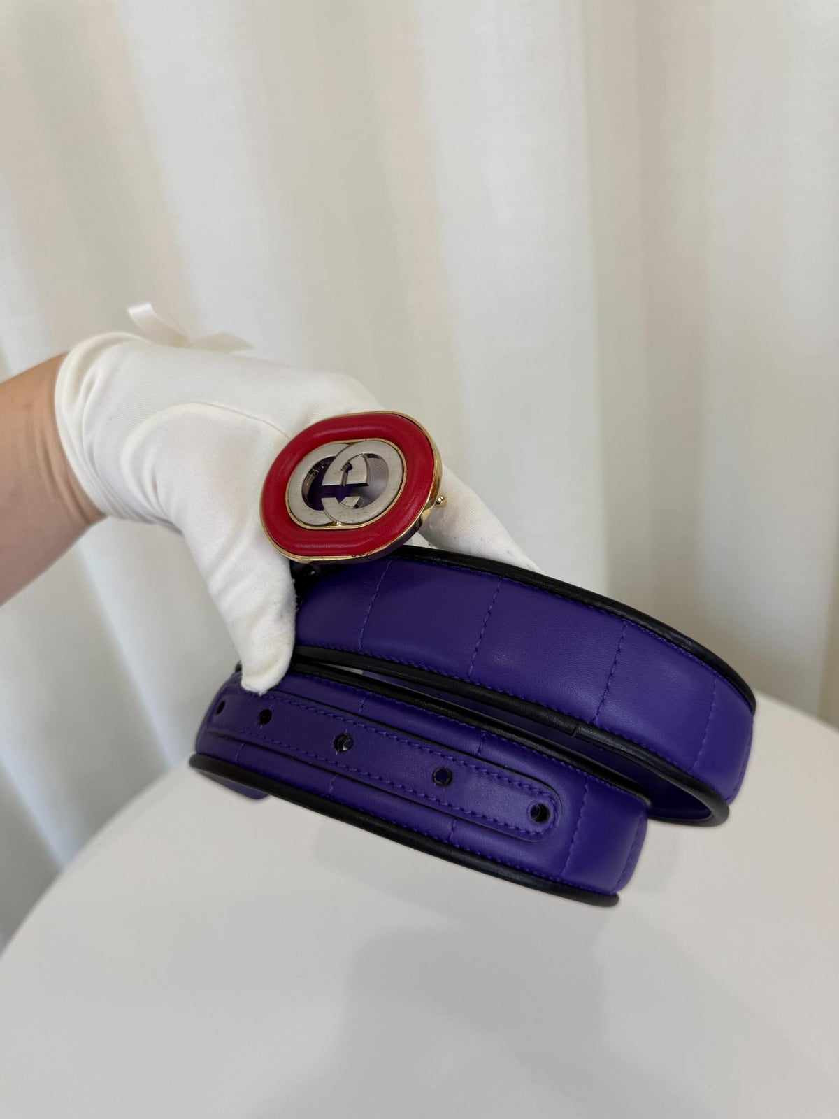 Gucci Interlocking G Logo Red Buckle Purple Leather Belt