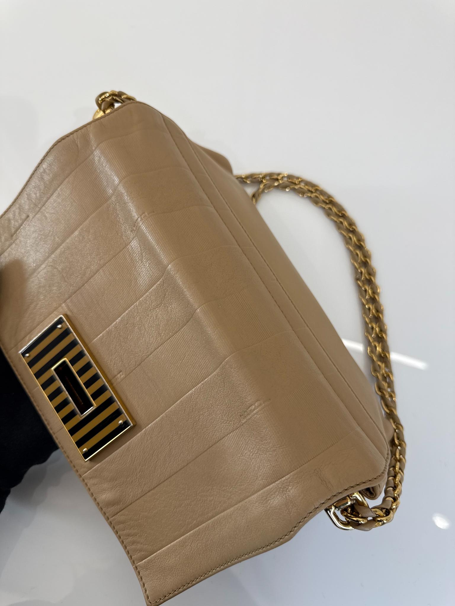 Fendi Beige Pequin Embossed Leather Small Claudia Shoulder Bag
