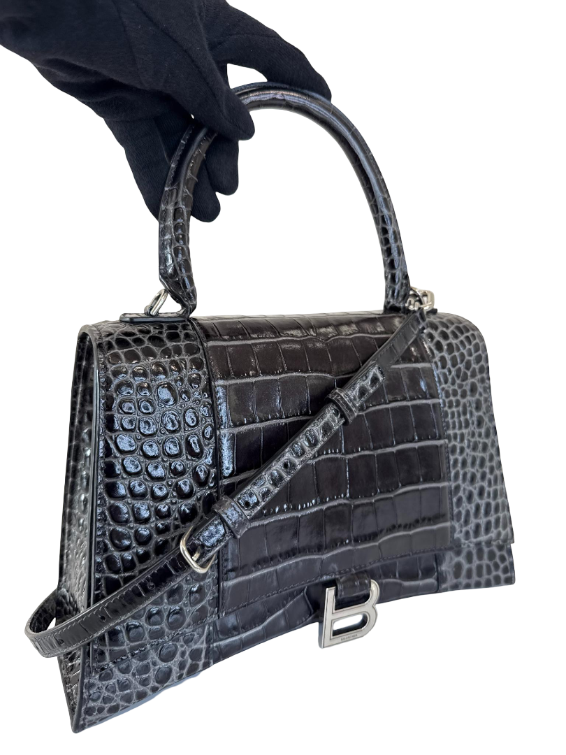 Balenciaga Medium Hourglass Croc Embossed Leather Top Handle Bag