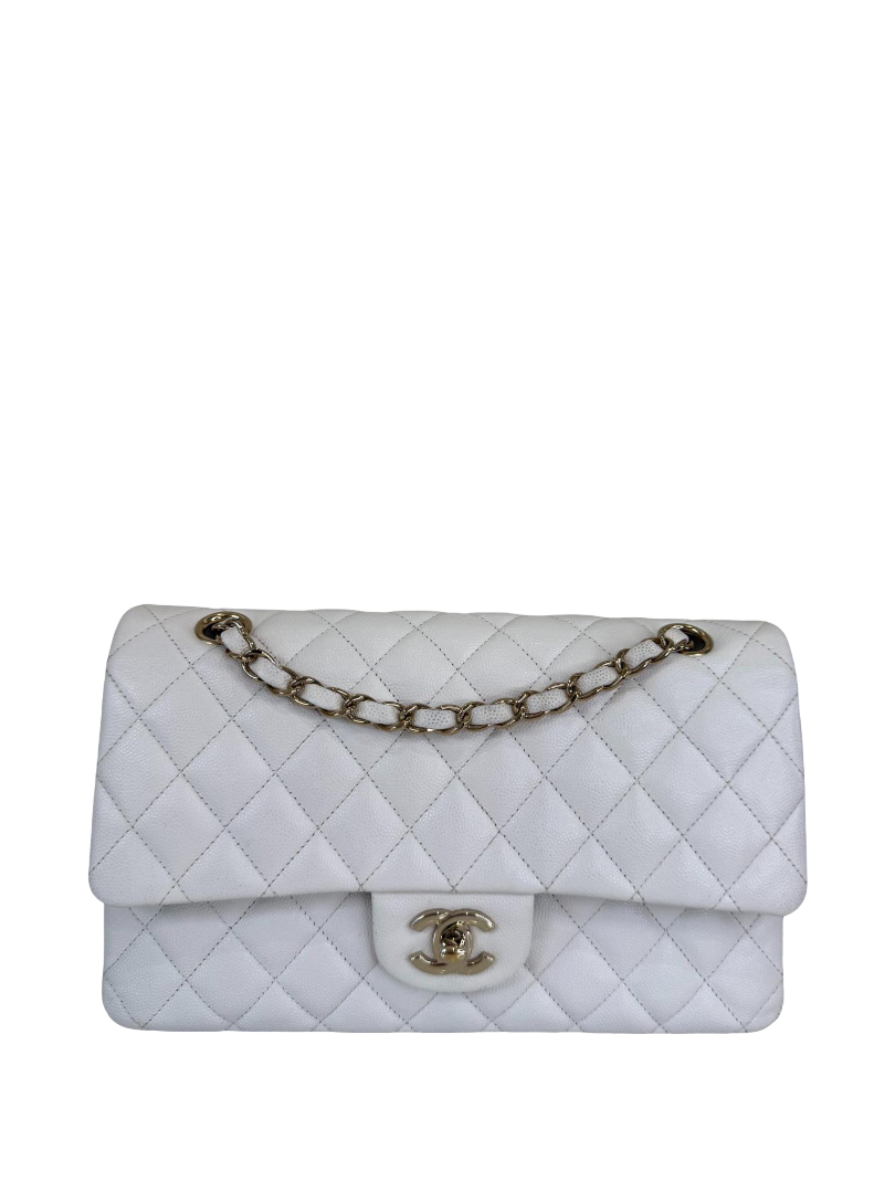 Chanel Classic White Medium Double Flap Caviar Light Gold