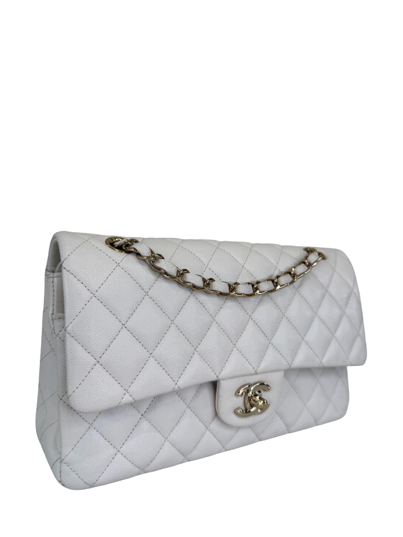 Chanel Classic White Medium Double Flap Caviar Light Gold