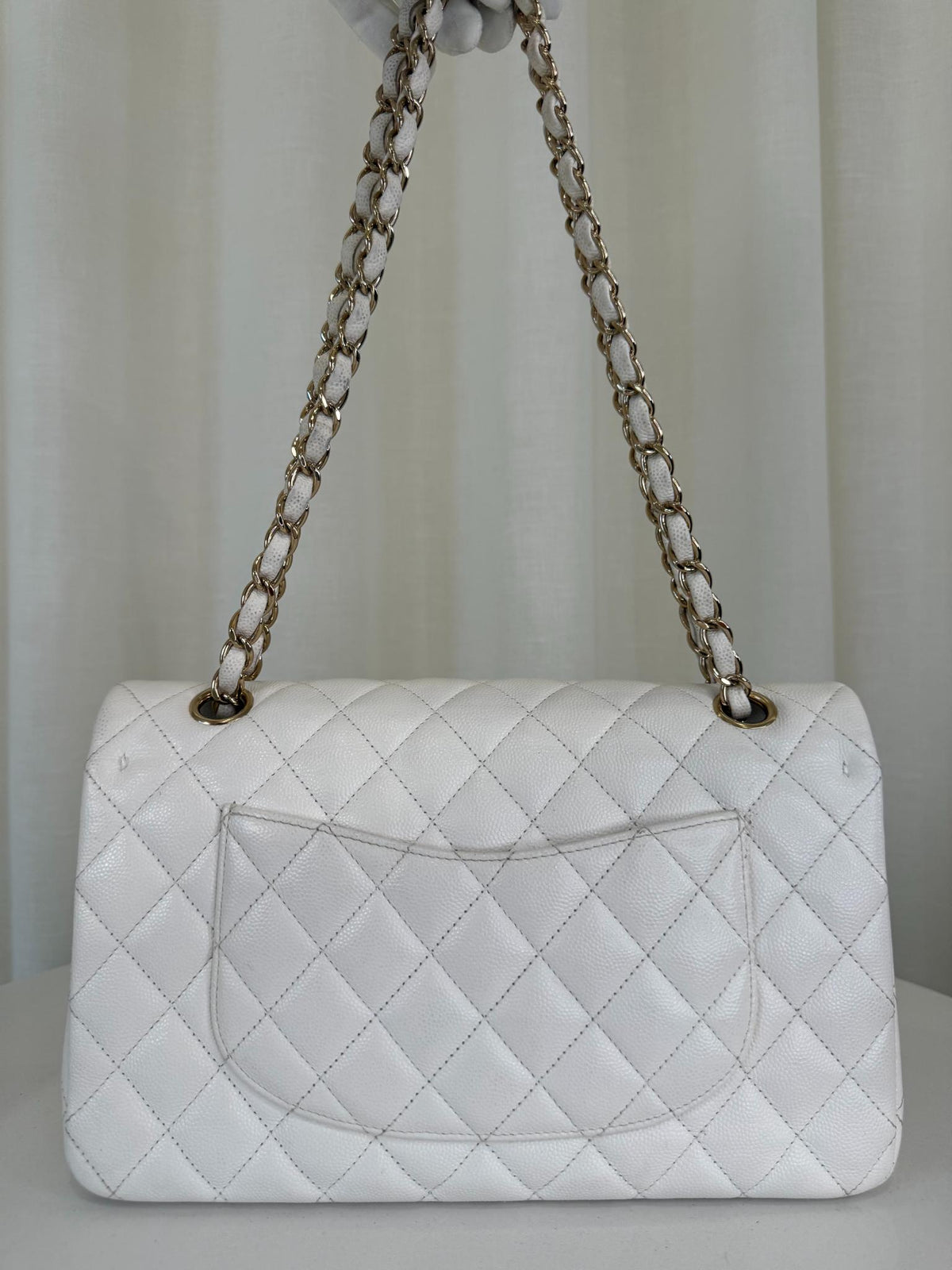 Chanel Classic White Medium Double Flap Caviar Light Gold