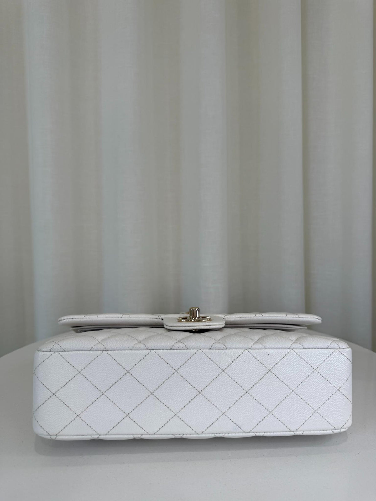 Chanel Classic White Medium Double Flap Caviar Light Gold