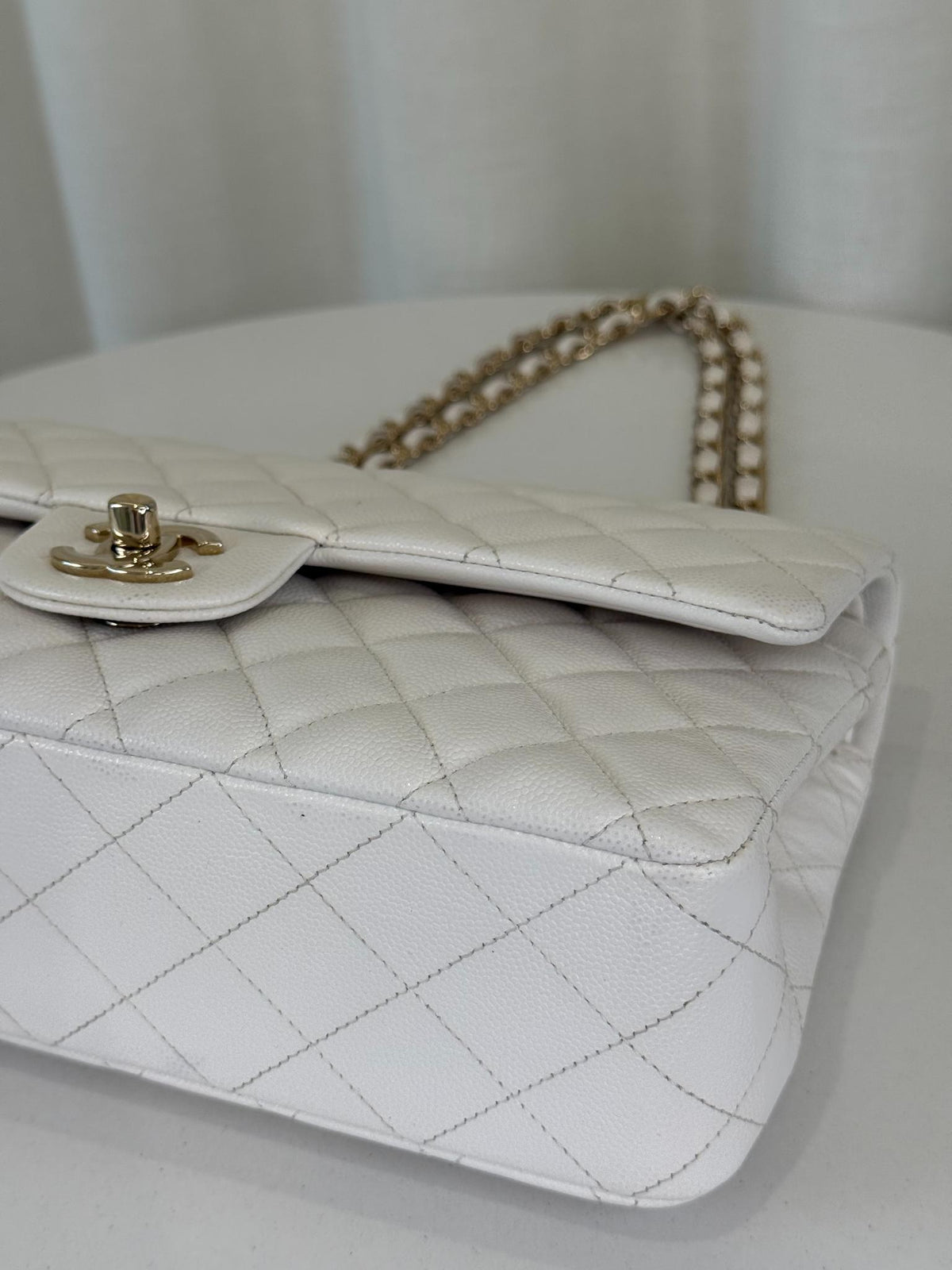 Chanel Classic White Medium Double Flap Caviar Light Gold