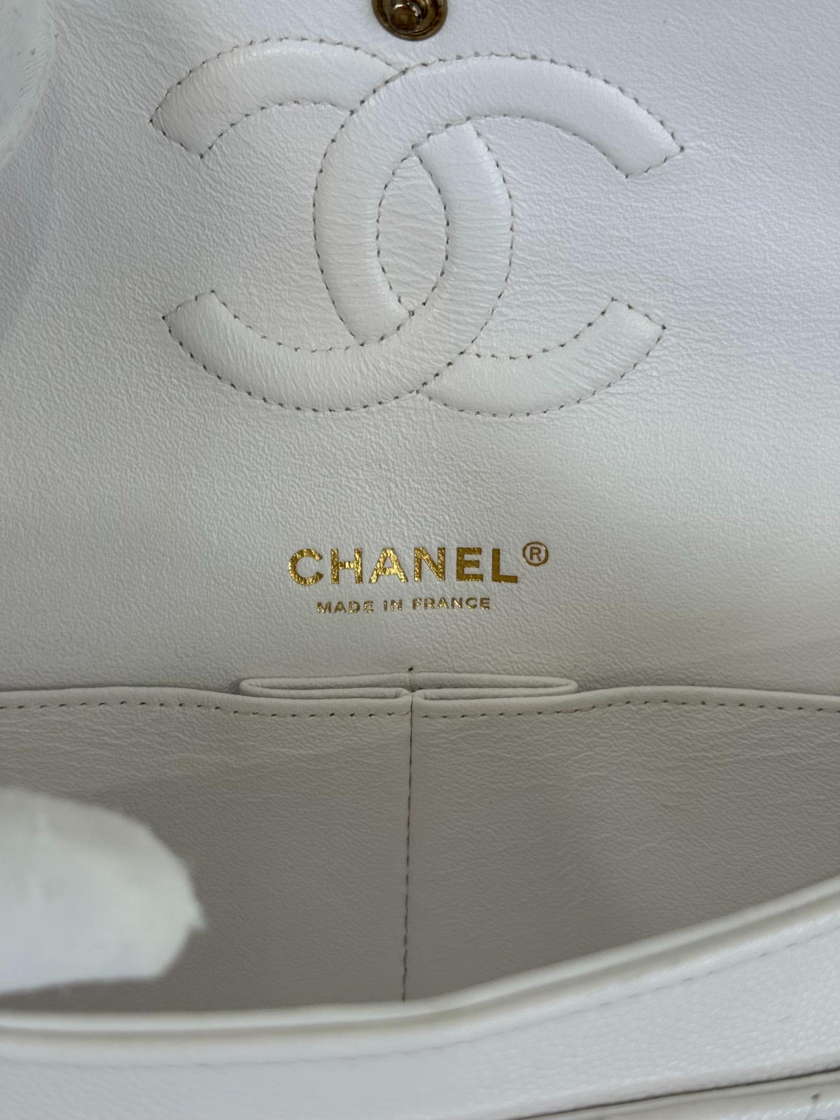 Chanel Classic White Medium Double Flap Caviar Light Gold