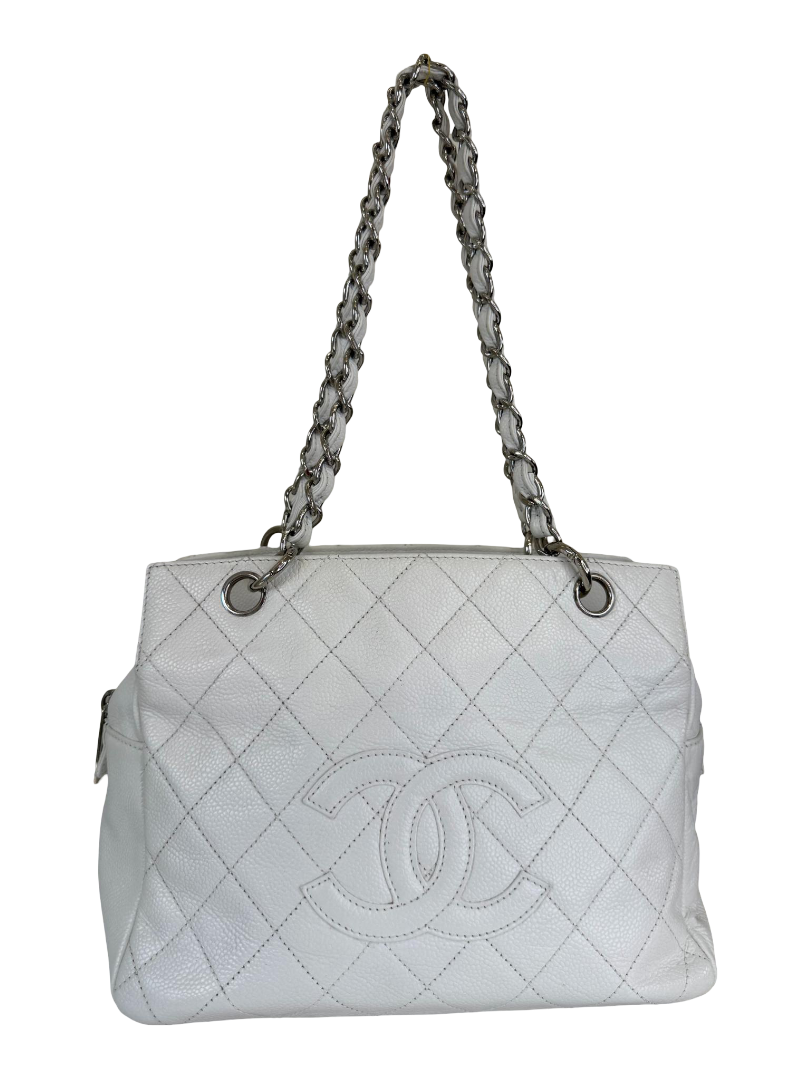 Chanel White Quilted Caviar Leather Petite Timeless Shopping Tote Bag