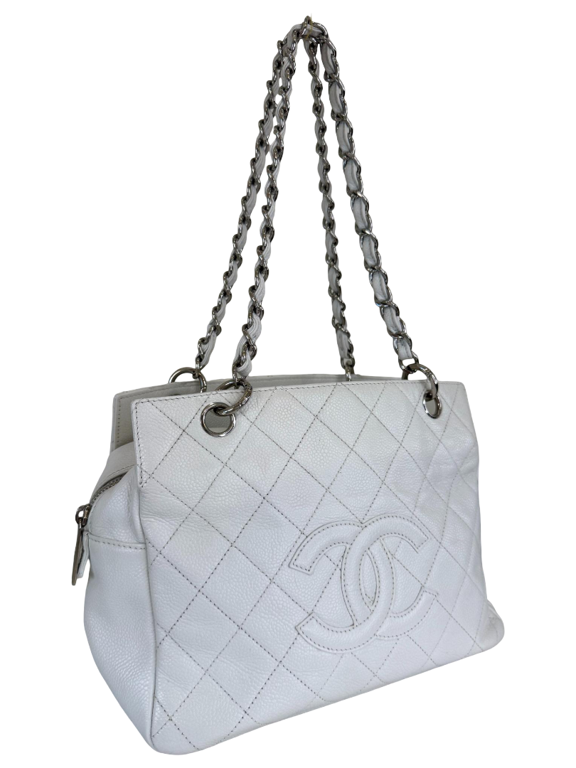 Chanel White Quilted Caviar Leather Petite Timeless Shopping Tote Bag