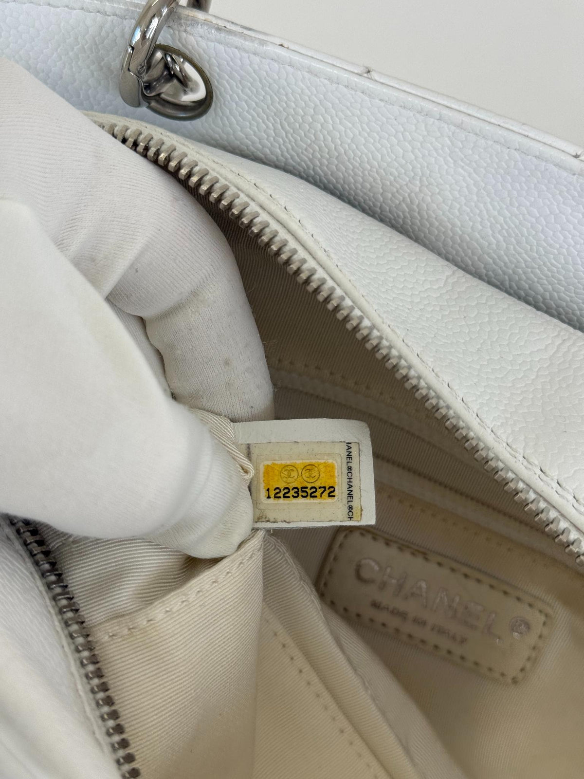 Chanel White Quilted Caviar Leather Petite Timeless Shopping Tote Bag