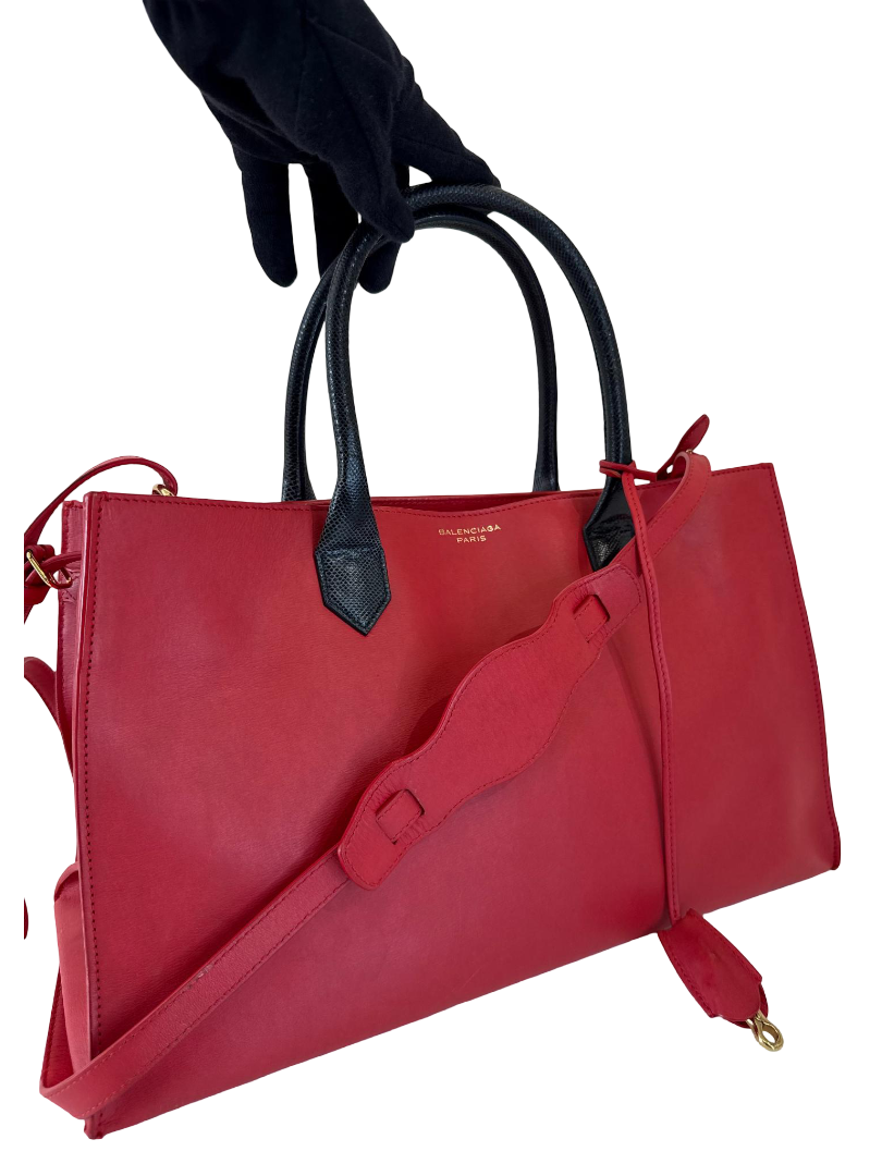 Balenciaga Red Smooth Calfskin Leather and Snake Padlock Work S Tote Bag